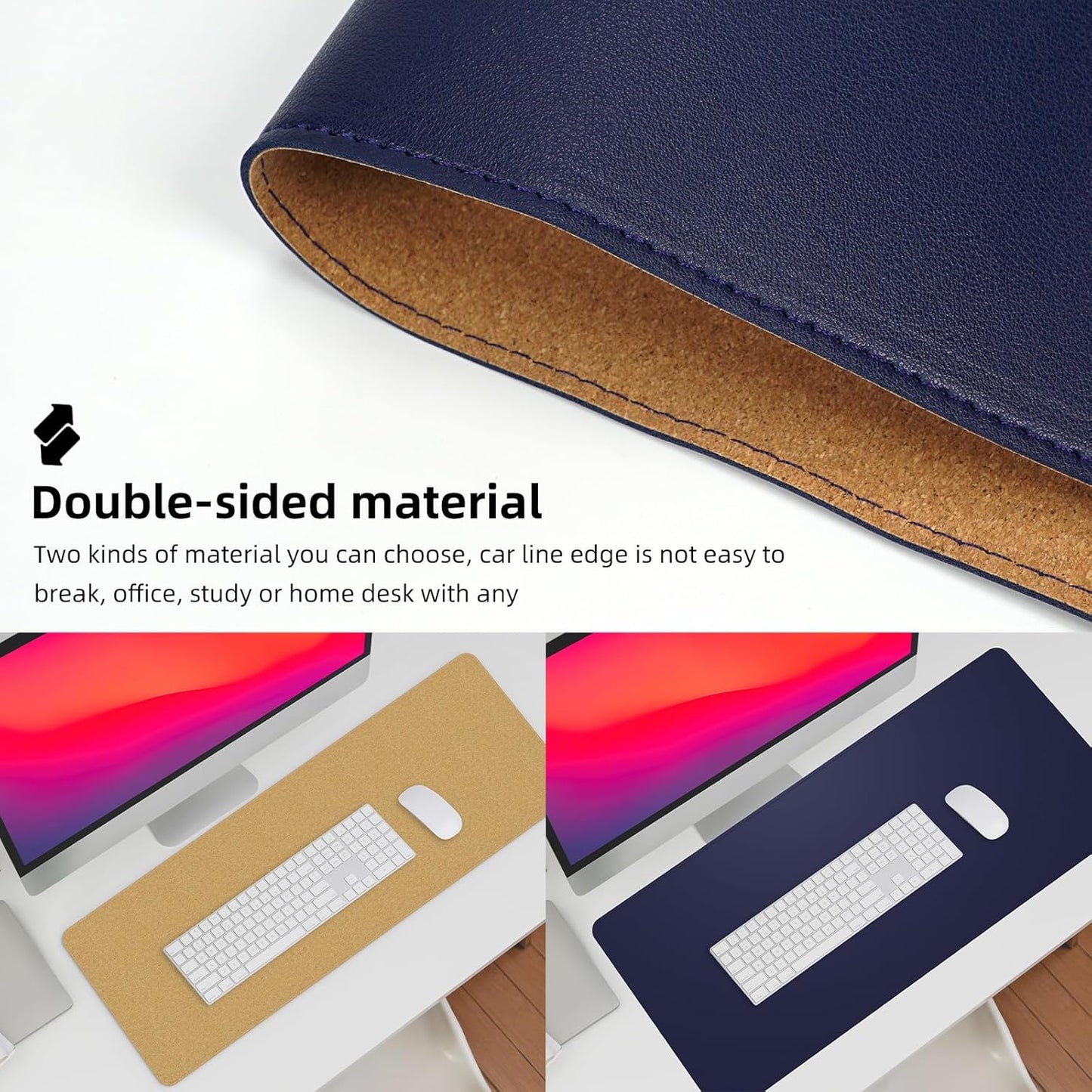 Leather Desk pad Protector, Large Desk mat with Natural Cork & PU Leather,Mouse pad,Non-Slip Office Desk Mat,Waterproof Desk Writing Pad for Office and Home (47in*17in, Blue)