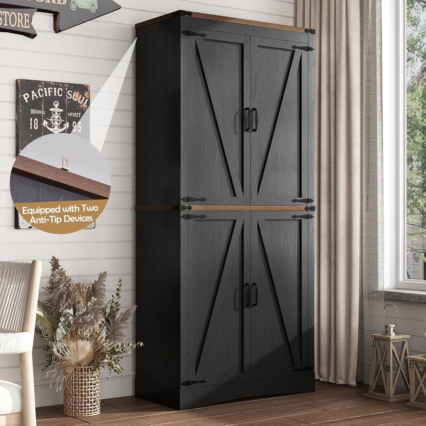 71in Farmhouse Kitchen Pantry Cabinet,Tall Storage Cabinet with 4 Doors and Adjustable shelves,with Load-Bearing Steel Pipe,Wood Storage Cabinets for Kitchen,Dining Room,Bathroom(Black)
