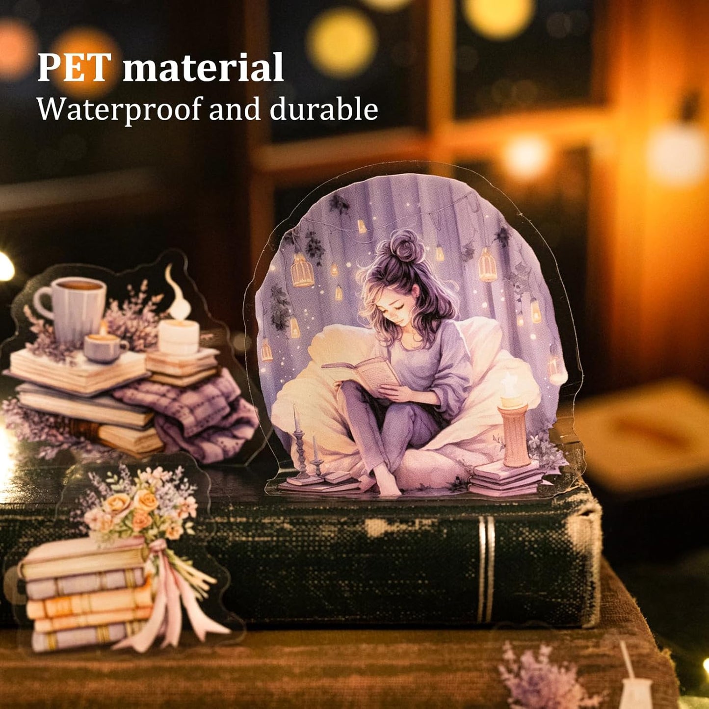 Night Reading PET Sticker Set, 90PCS Calming Scenes for Scrapbooking, Journal Supplies, and DIY Crafts