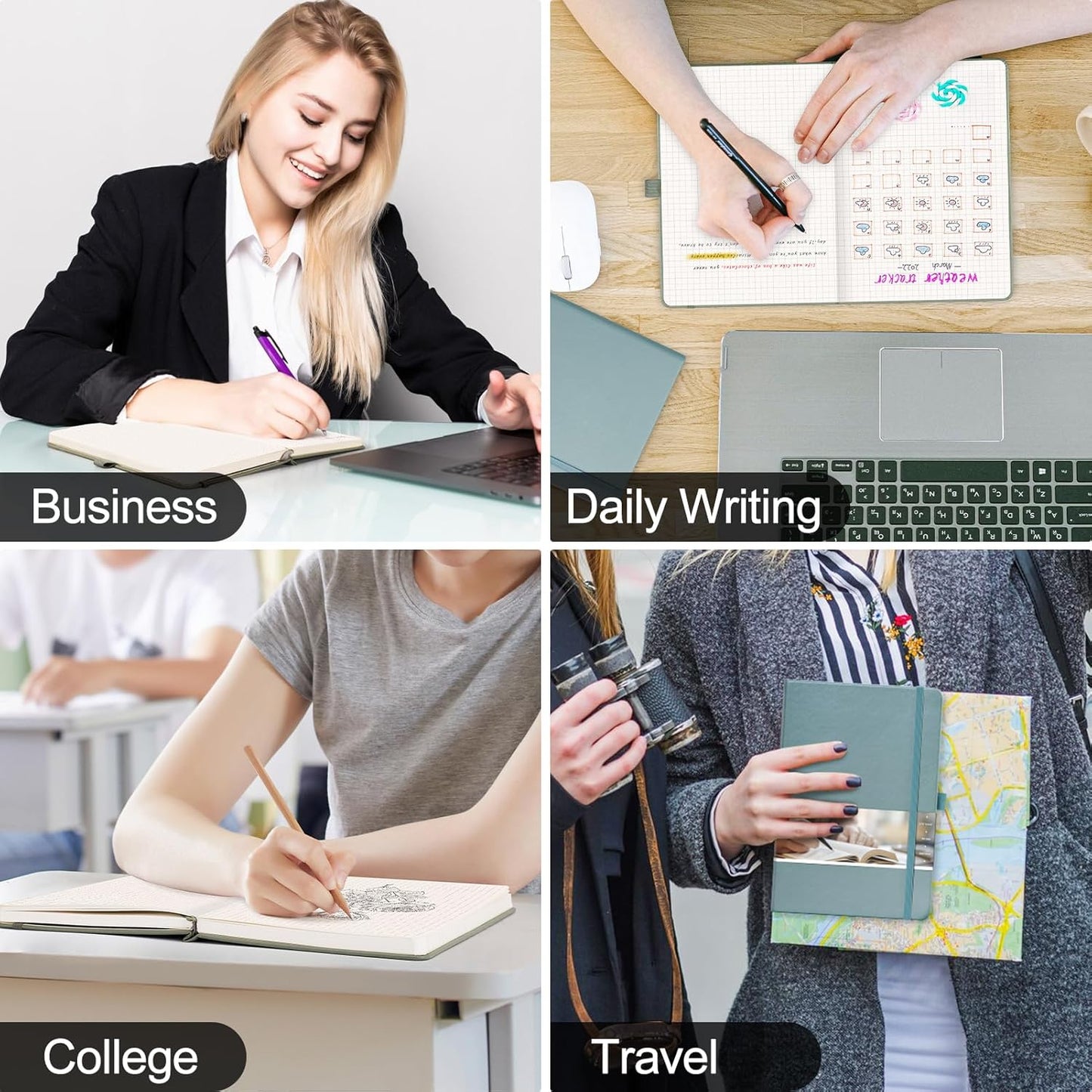 EMSHOI A5 Graph Paper Notebook - 256 Pages PU Leather Hardcover Journal, 120gsm Thick No-Bleed Grid Paper Notebook for Women Men Work School Math Engineering, 5.75" x 8.38" Khaki