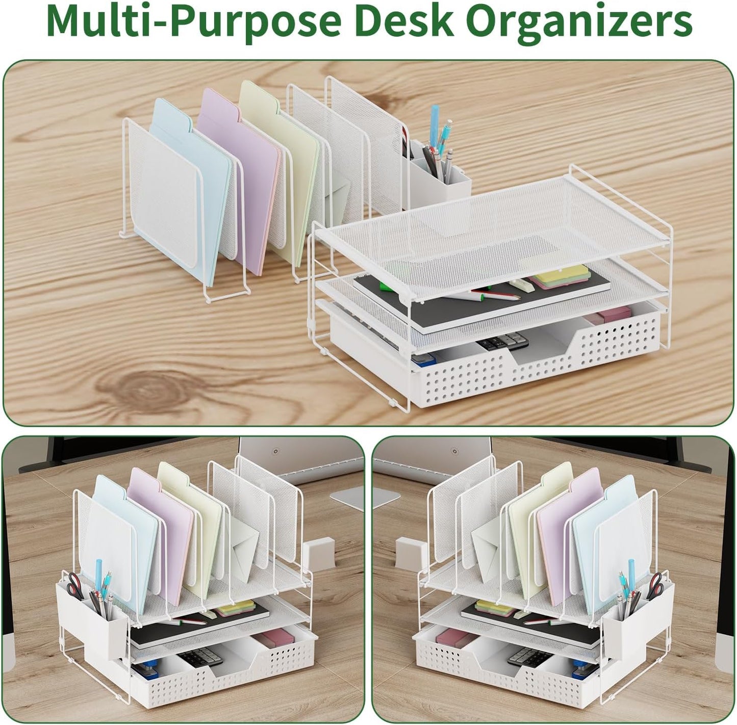 Desk Organizer, Office Organization with Vertical File Holder, File Organizer with Drawer and Pen Holder, Desk Accessories and Workspace Organizers for Home Office (White)