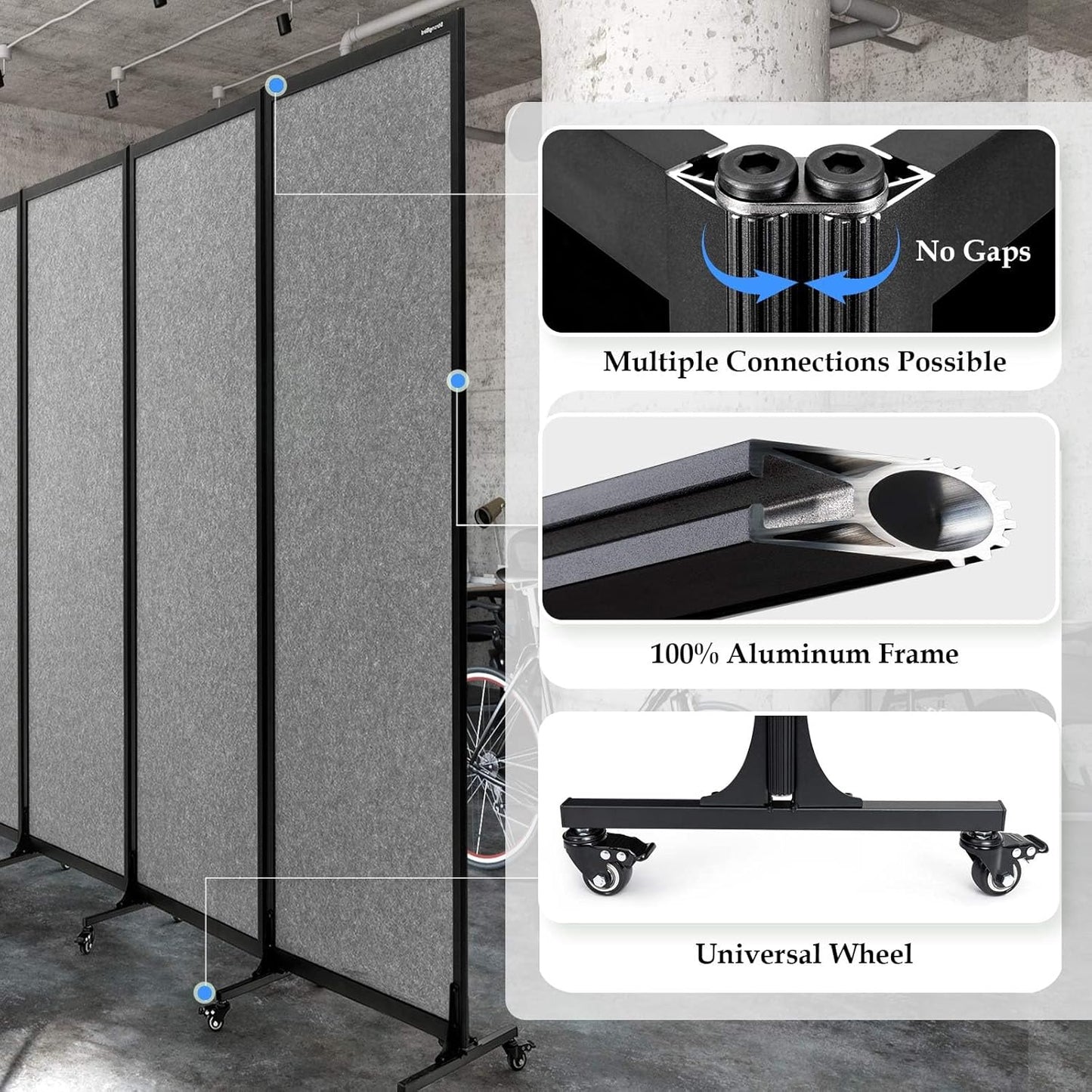 Upgrade Version Room Partition and Divider, Freestanding Rolling Dividers with Wheels,Office Privacy Screen Divider Wall,Classroom Felt Dividers,12'2"L* 6'7"H,6 Panel，Light Grey