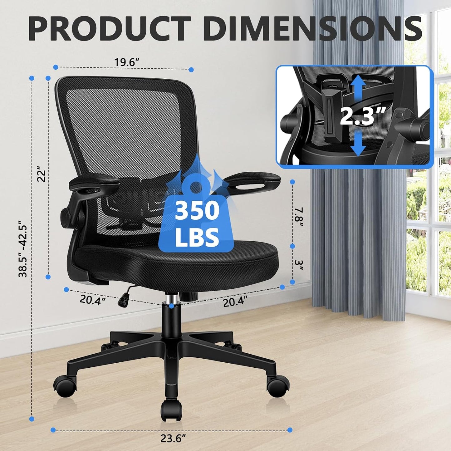 Desk Chairs with Wheels, Ergonomic Mesh Office Chair Adjustable Height and Swivel Lumbar Support Home Office Chair with Flip Up Armrests (1PK)