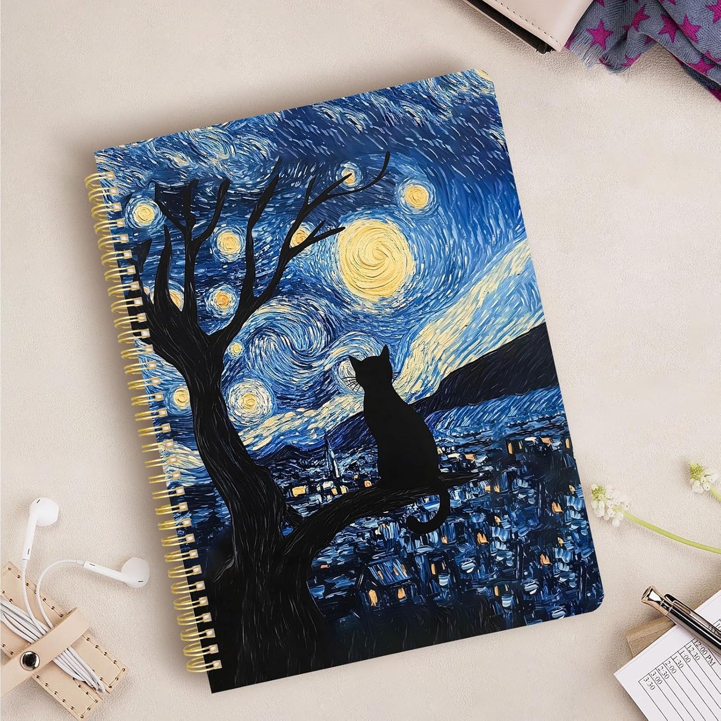 Cute Spiral Notebook journal A4 Aesthetic Pretty Design for Women Girls Kawaii with Pocket, 8.5 x 11 inch, Graph, Cat Galaxy
