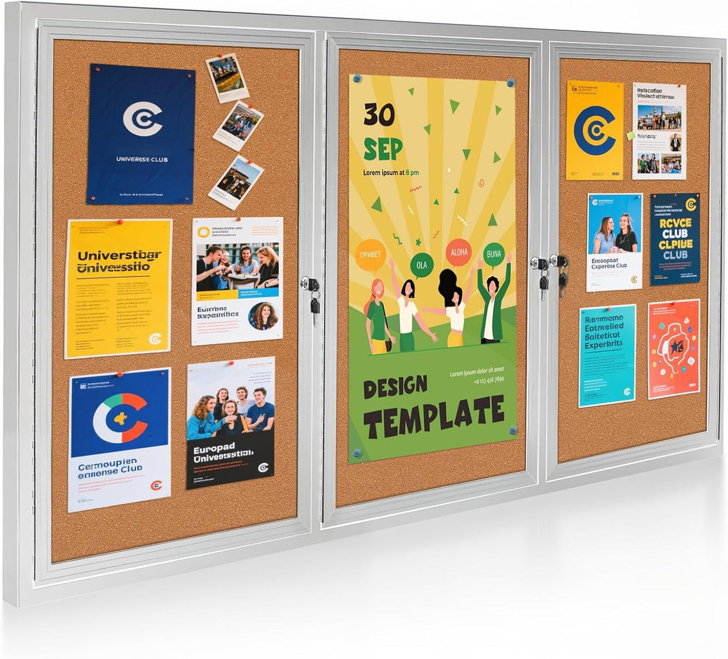 Lockable Outdoor Enclosed Bulletin Board, Weatherproof Cork Noticeboard with Locking Door, Wall-Mounted Aluminum Silver Framed Display Case for Messages,70x36 Inch