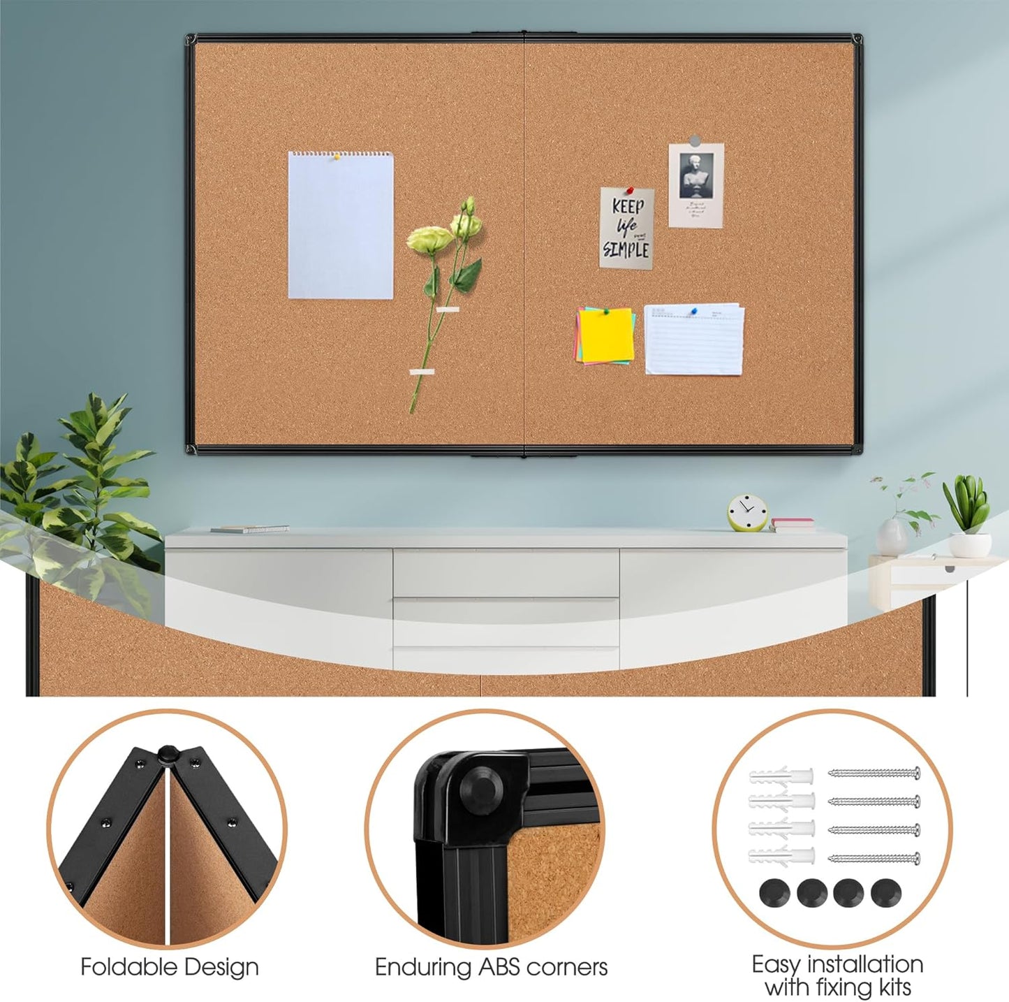 Board2by Extra Large Cork Bulletin Board 72" X 48", Foldable Notice Pin Board for Wall, Black Aluminium Framed 6'x4' Corkboard, Wall Mounted Noticeboard with 32 Push Pins for School, Home & Office