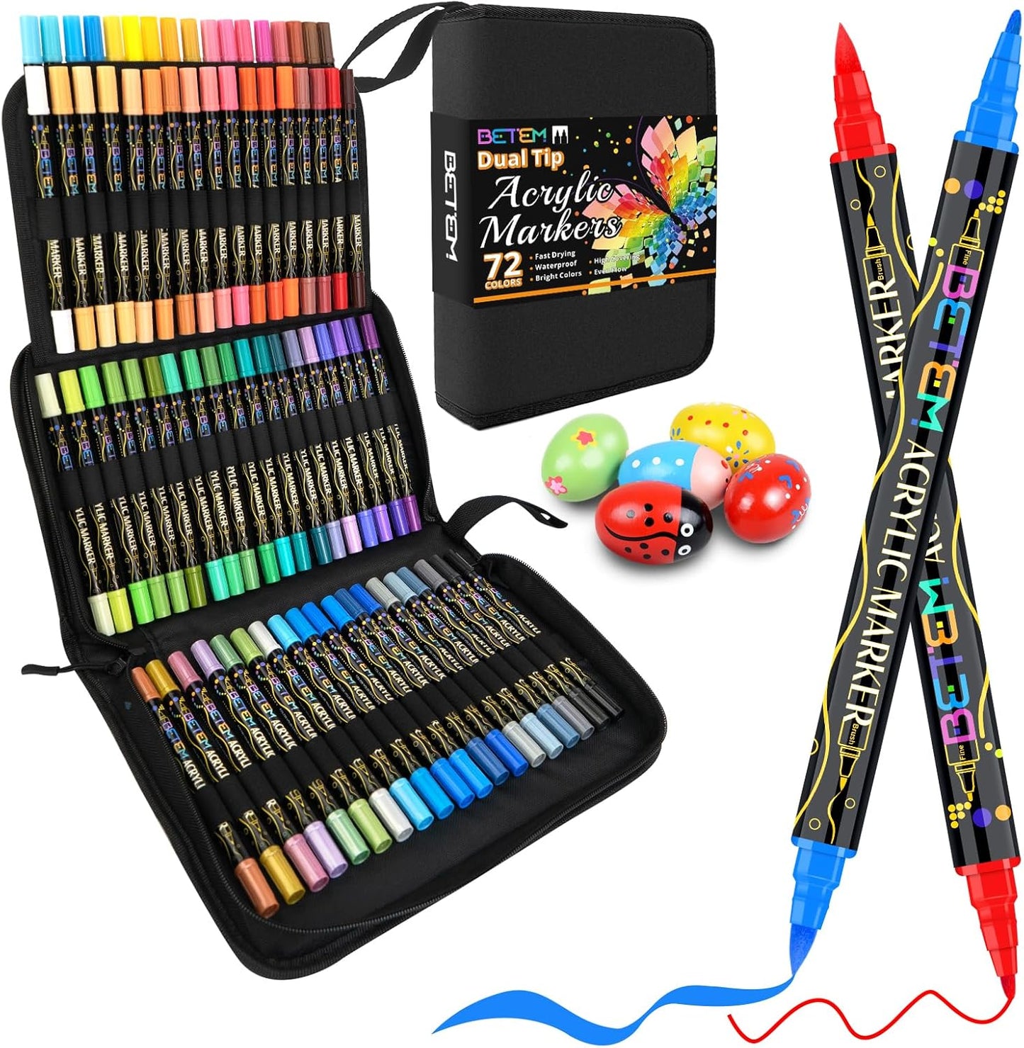 Betem Paint Markers Acrylic Paint Pens, Dual Tip 72 Colors Acrylic Markers with Brush Tip and Fine Point, Art Supplies for Wood, Canvas, Stone, Glass, Rock Painting Kit DIY Crafts Drawing Kit with Bag
