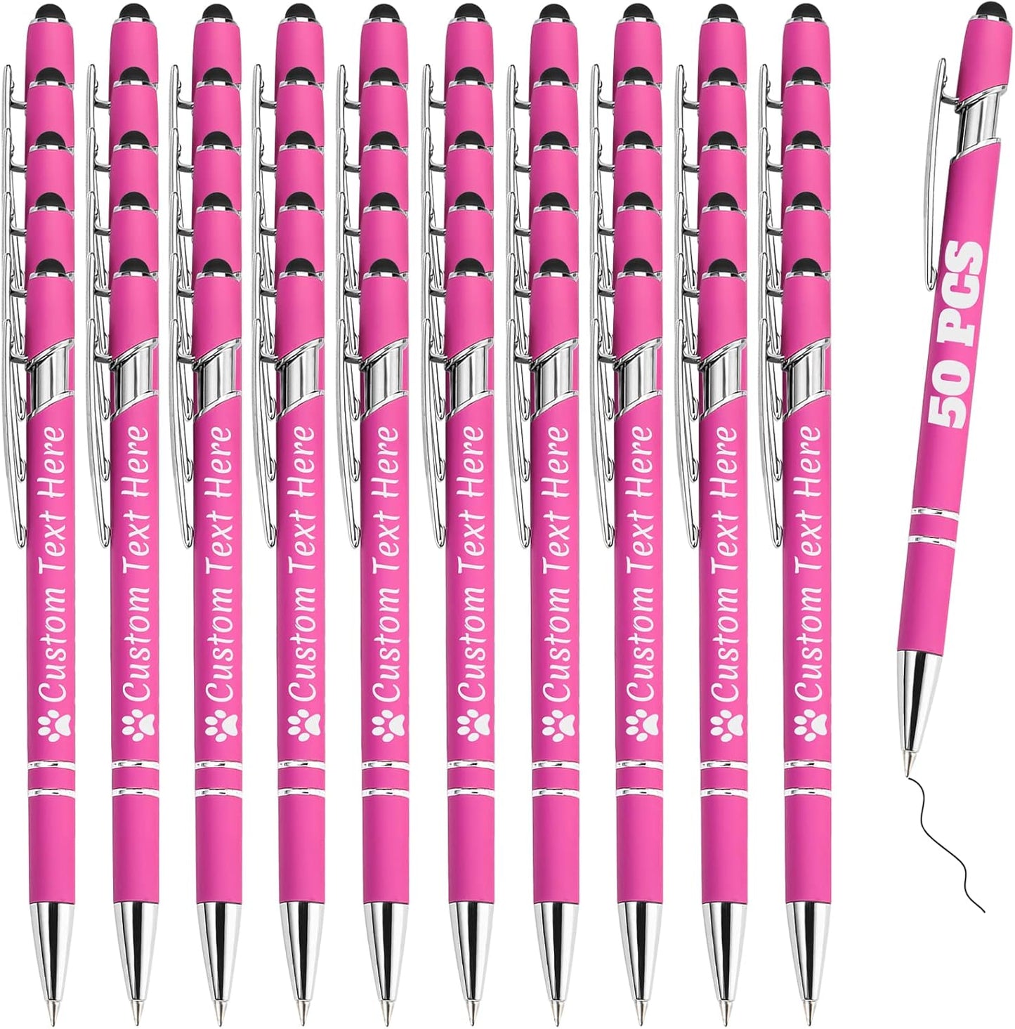 Personalized Pens Bulk 50 with Name Custom Engraving Ballpoint Pens with Stylus Tip Customized Smooth Writing Pens Personalized Gifts for Anniversary Birthday or Graduation(Pink,Black Ink)