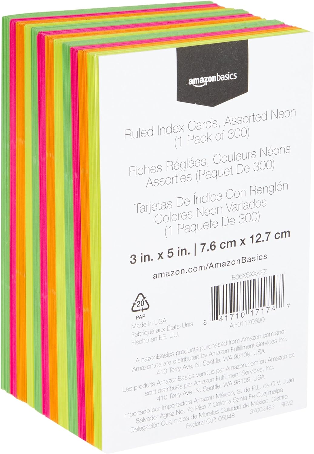 Amazon Basics Ruled Index Flash Cards for Studying and Note Taking, Assorted Neon Colored, 3x5 Inch, 300-Count