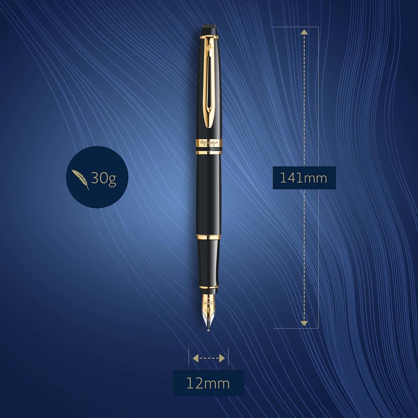 Waterman Expert Fountain Pen, Gloss Black with 23k Gold Trim, Medium Nib, Luxury Pen in Gift Box, Fountain Pen for Writing