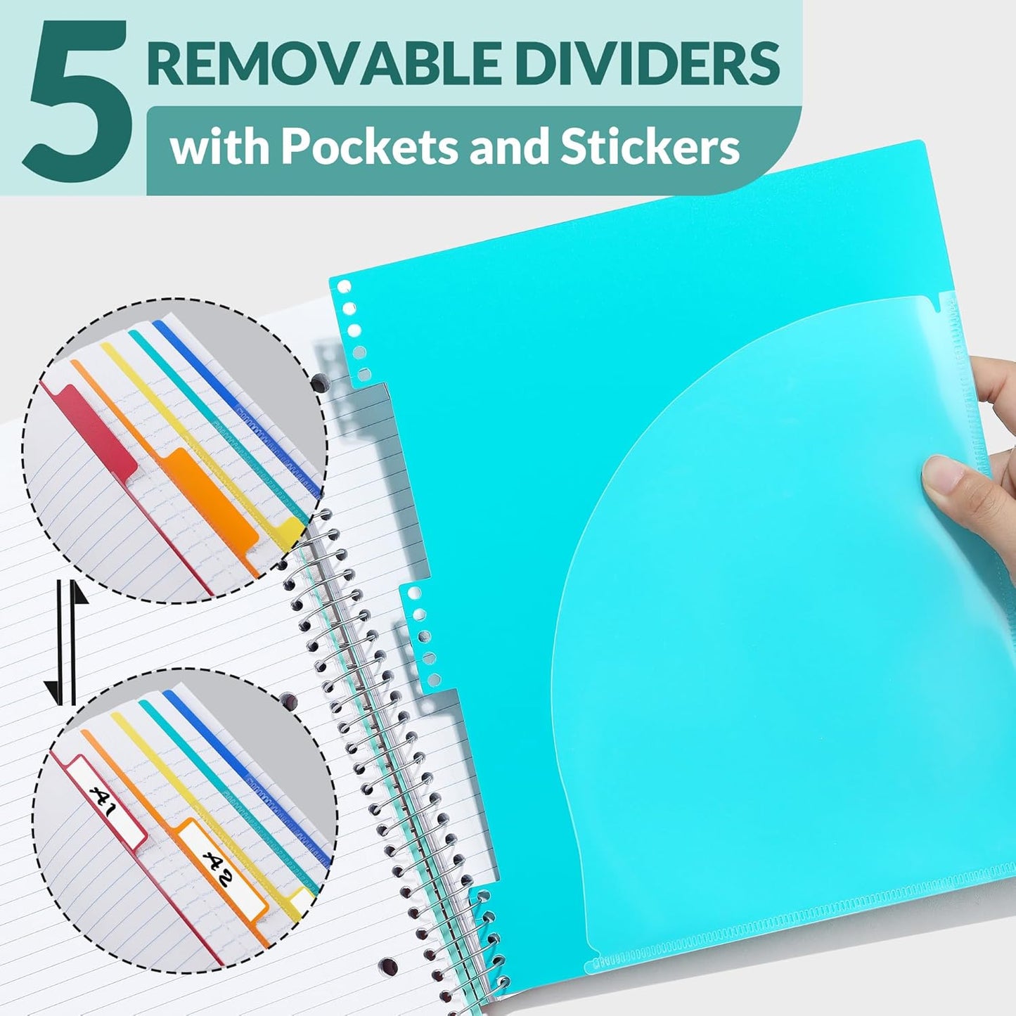 SUNEE 5 Subject Notebook College Ruled - 400 Pages, 9"x11", 5 Pocket Colored Dividers, 3-Hole Punched Paper, Teal