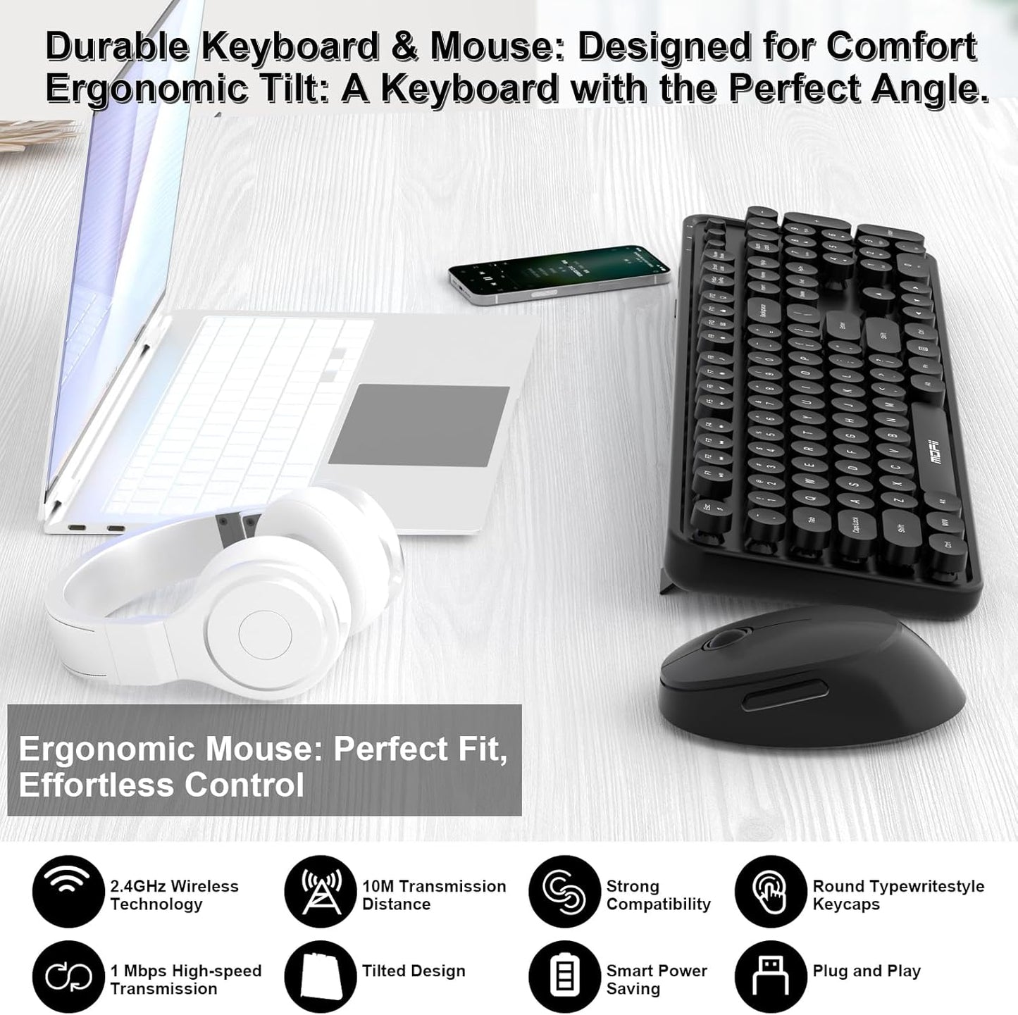 Wireless Keyboard and Mouse Combo, MOFII 104 Keys Full-Size Retro Round Keys Typewriter Keyboards Ergonomic Keyboards and Mouse Wireless for Windows, PC, Laptop, Desktop Black