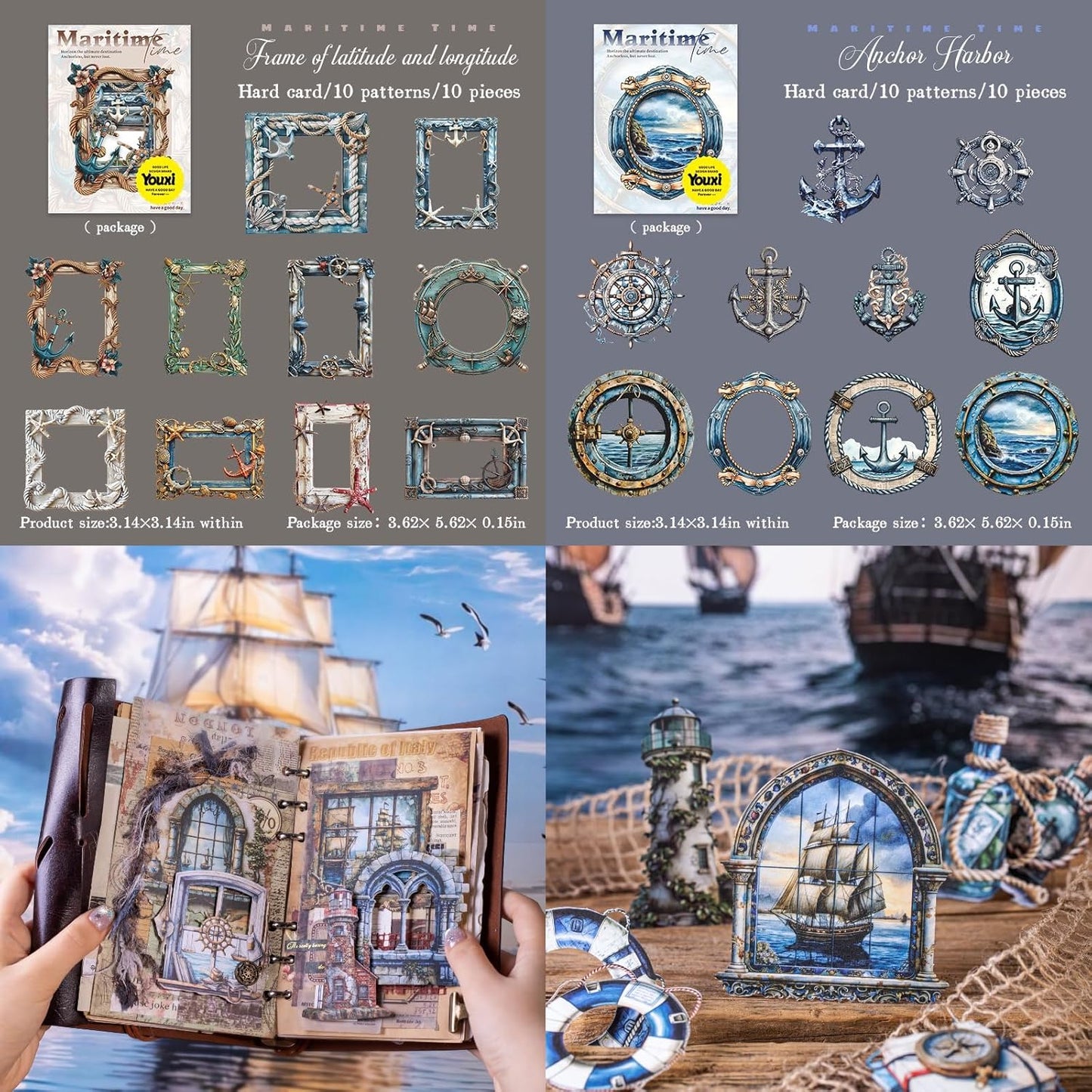 60 Pieces Vintage Maritime Themed Cardstock Cutout Frame Stickers, Aesthetic Scrapbook Stickers for DIY Diary Junk Journal Handbook Album Decoration Label Sticker Journaling Scrapbooking Supplies