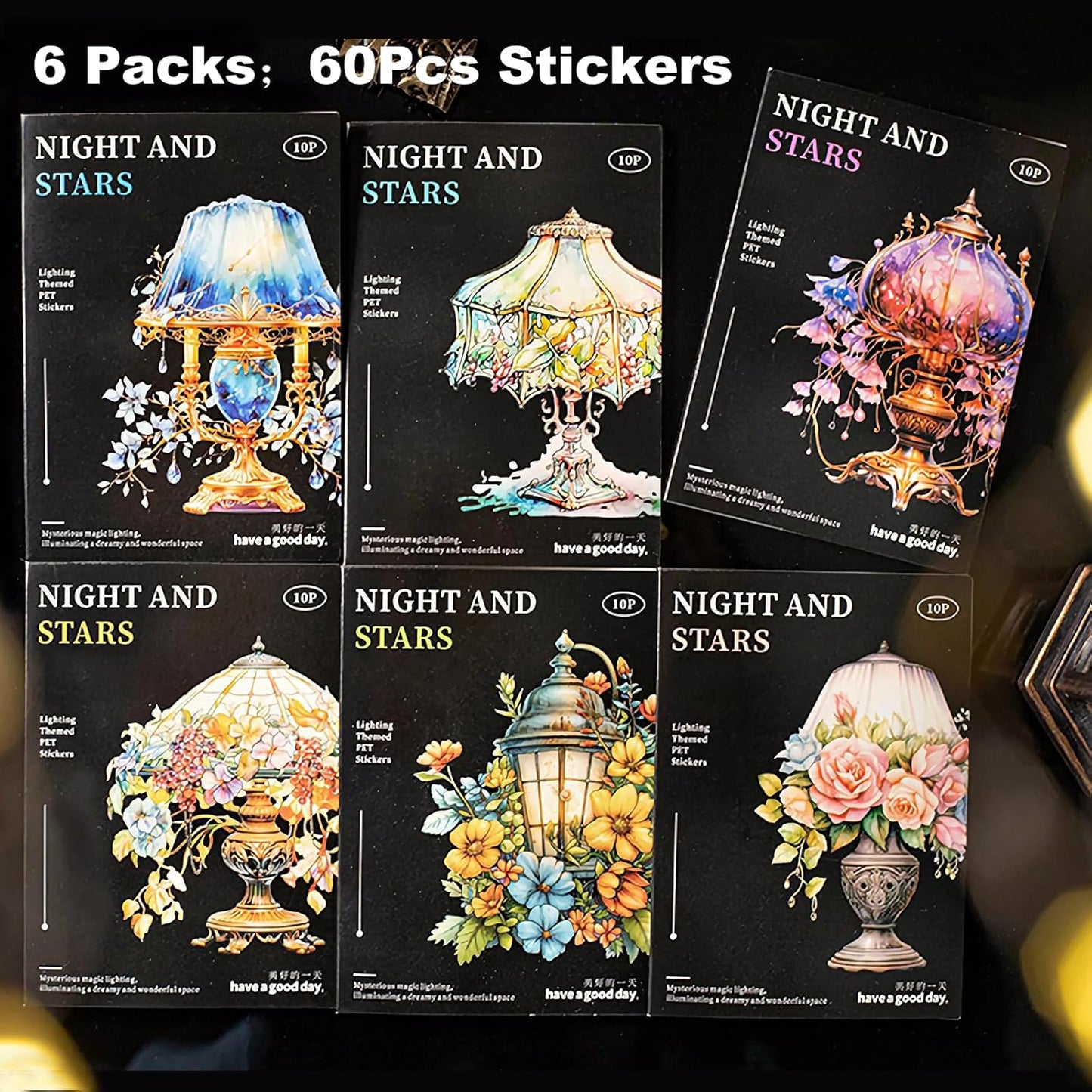 Floral Lamp PET Sticker Set, 60PCS Vintage Aesthetic Waterproof Stickers for Scrapbooking, Journaling, DIY Crafts, and Decorative Art Supplies