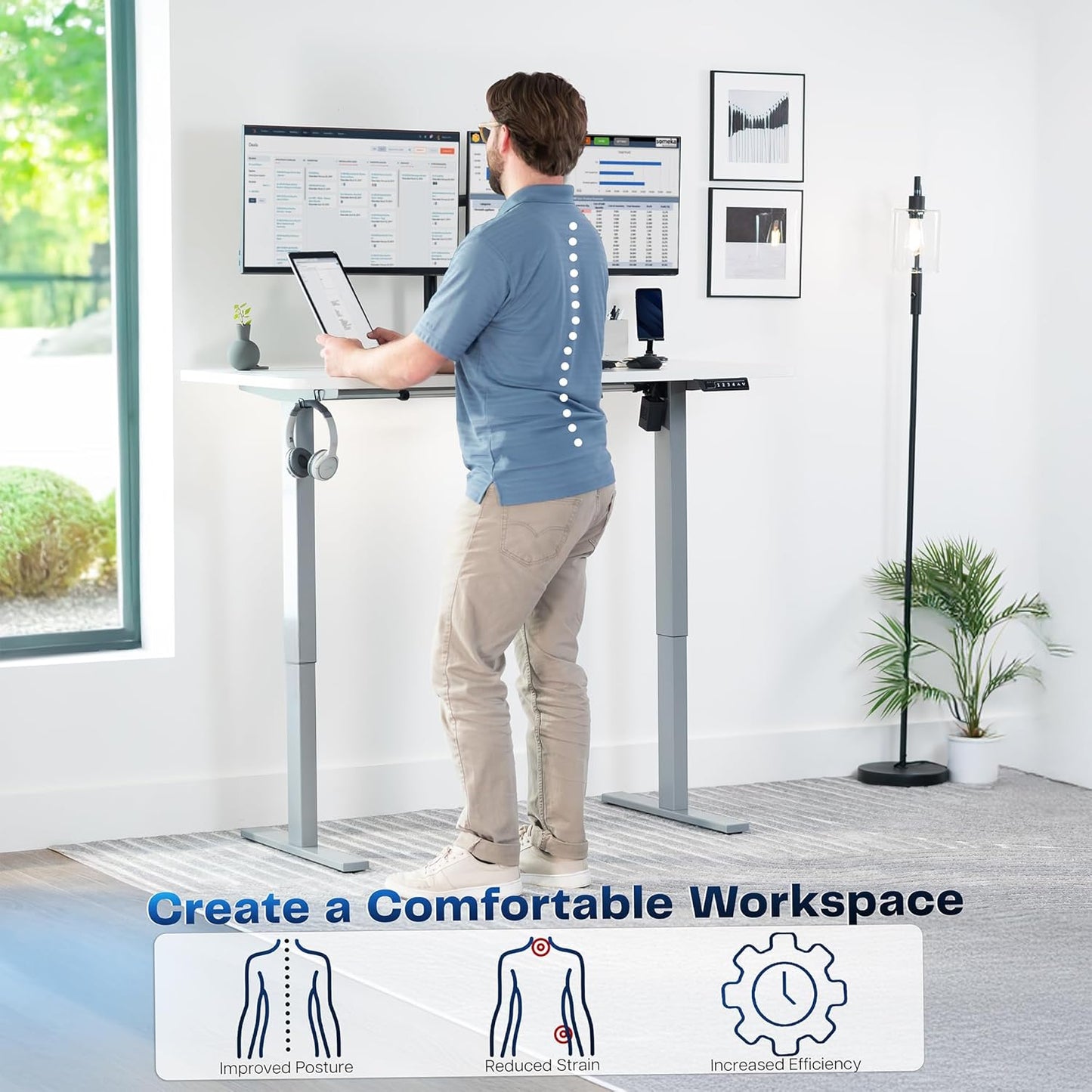 VIVO Electric 55 x 28 in Standing Desk, Memory Height Adjustment, 1B Series, One-Piece White Top, Gray Frame, DESK-KIT-1G55W