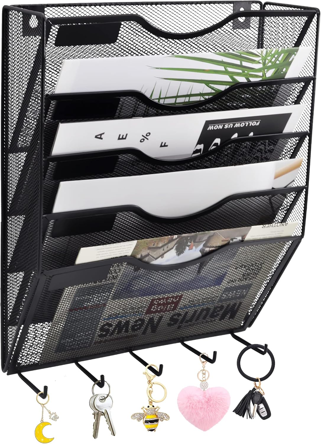 EASEPRES 5 Pocket Mesh Hanging File Organizer with Key Holder Hooks & Nametag Label, Wall Mounted Mail Paper Document Folder Storage Organization Magazine Rack for Office Cubicle, 5 Tier Black