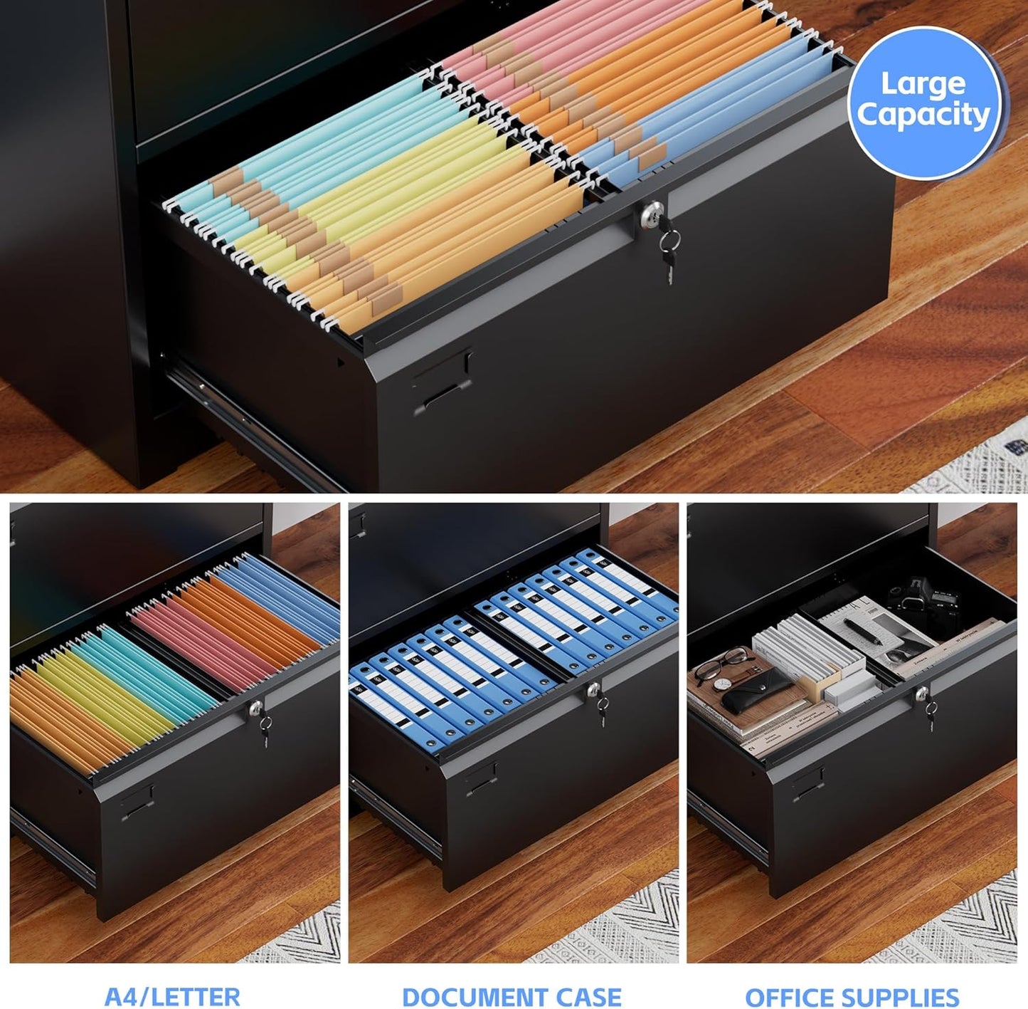 Aobabo 4 Drawer Wide Lateral File Cabinet, Metal Filing Cabinet with Lock, Suitable for Home Office School Hanging Files Letter/Legal/F4/A4 Size,Black,Required-Assembly,15.87" D x 28.94" W x 57.17" H