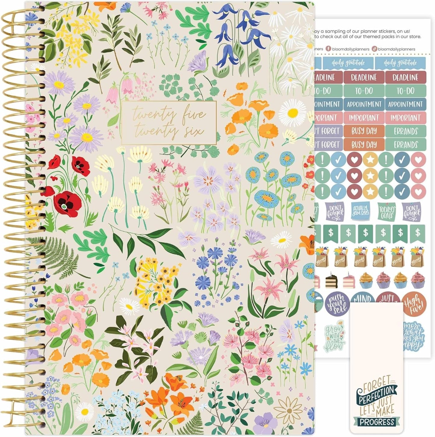 bloom daily planners 2025-2026 Academic Year Daily Planner (July 2025 - July 2026) - A5 Weekly & Monthly Calendar, Cute Floral Agenda Organizer Book with Stickers - 5.5" x 8.25" - Garden Party, Beige