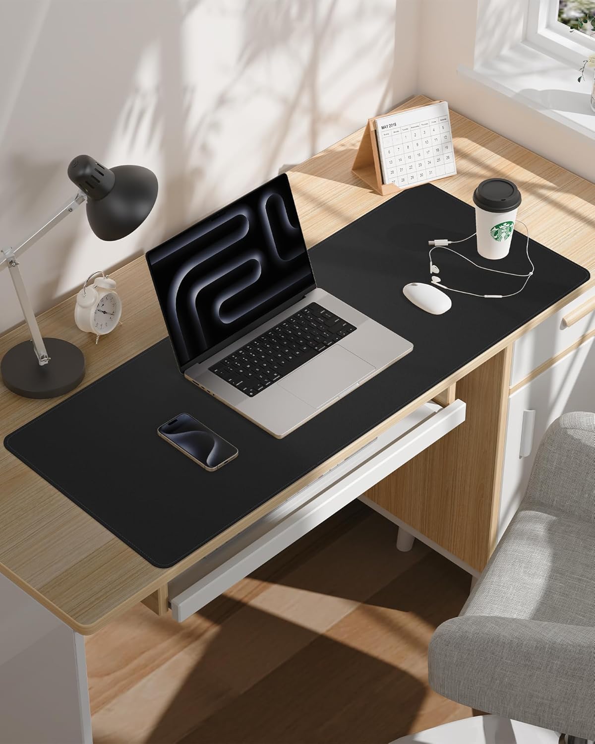Leather Desk Pad Large Mouse Pad Computer Laptop Desk Mat Non-Slip Waterproof Table Blotter Desktop Writing Pad for Office and Home (Black, 80 x 40cm)