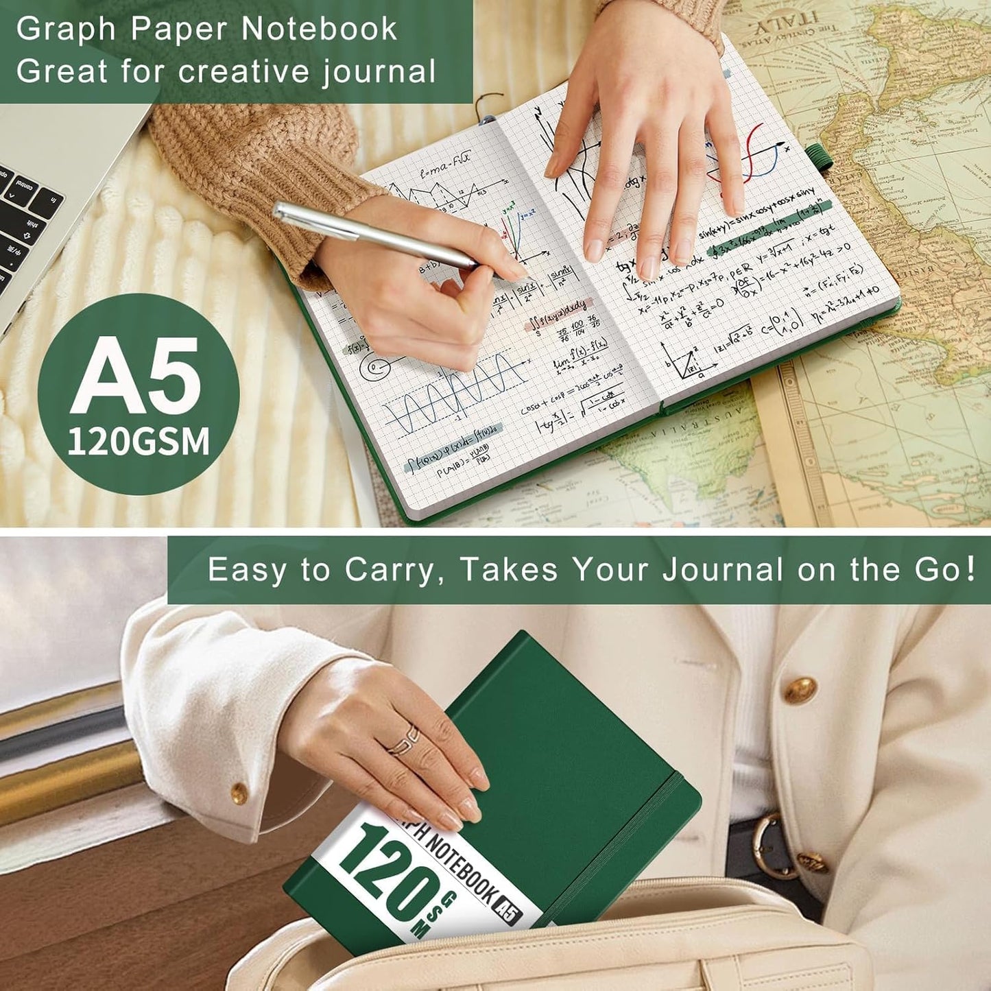 AHGXG Graph Paper Notebook - Grid Notebook Journal A5, 120 GSM Thick Graph Paper, 160 Pages, Leather Hardcover, for Graphing, Writing, Math, Engineering, 5.75'' × 8.38''- Green