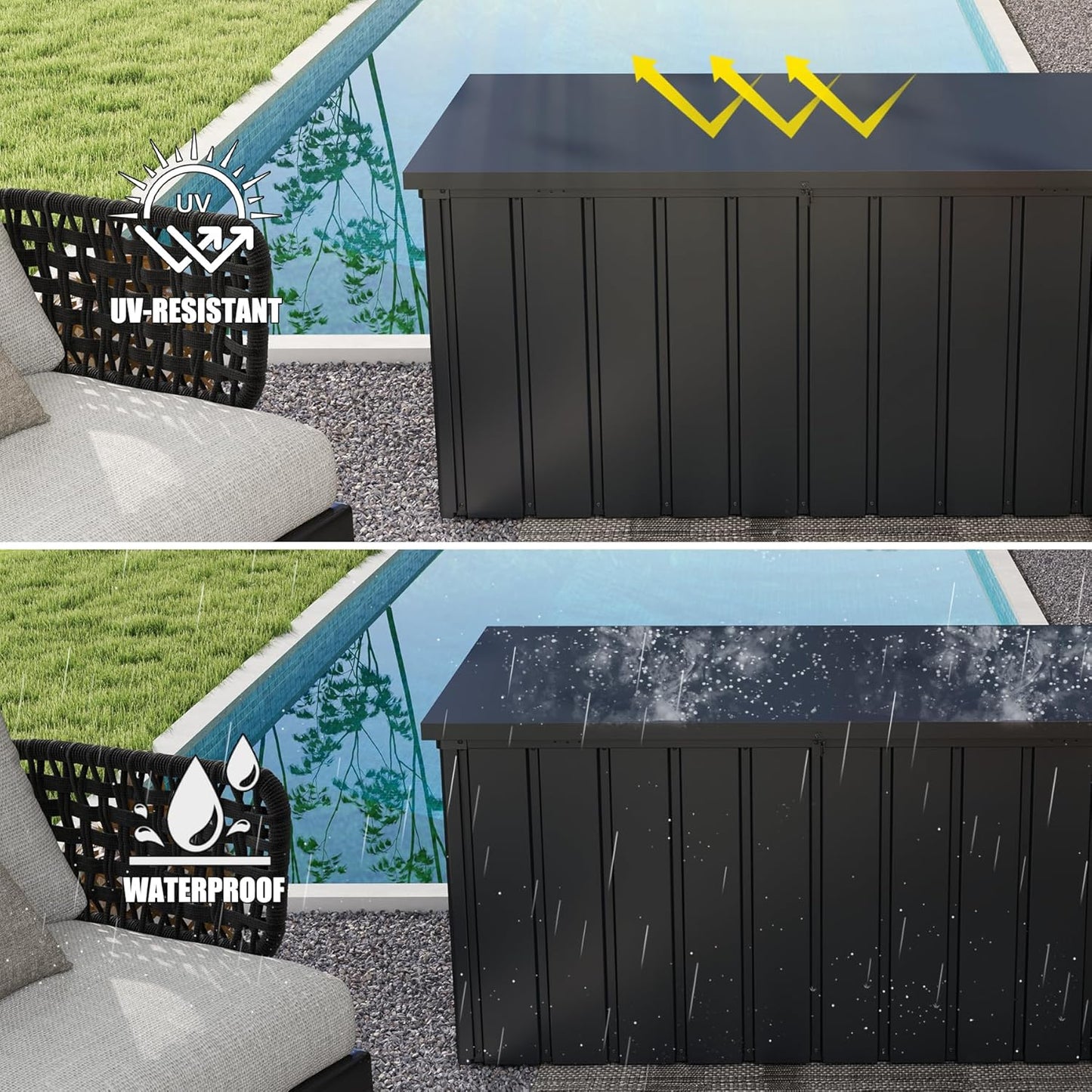 Domi Deck Box 160 Gallon, Waterproof Lockable Steel Outdoor Storage Container for Outside Cushions, Garden Tools and Pools Equipment, Gray