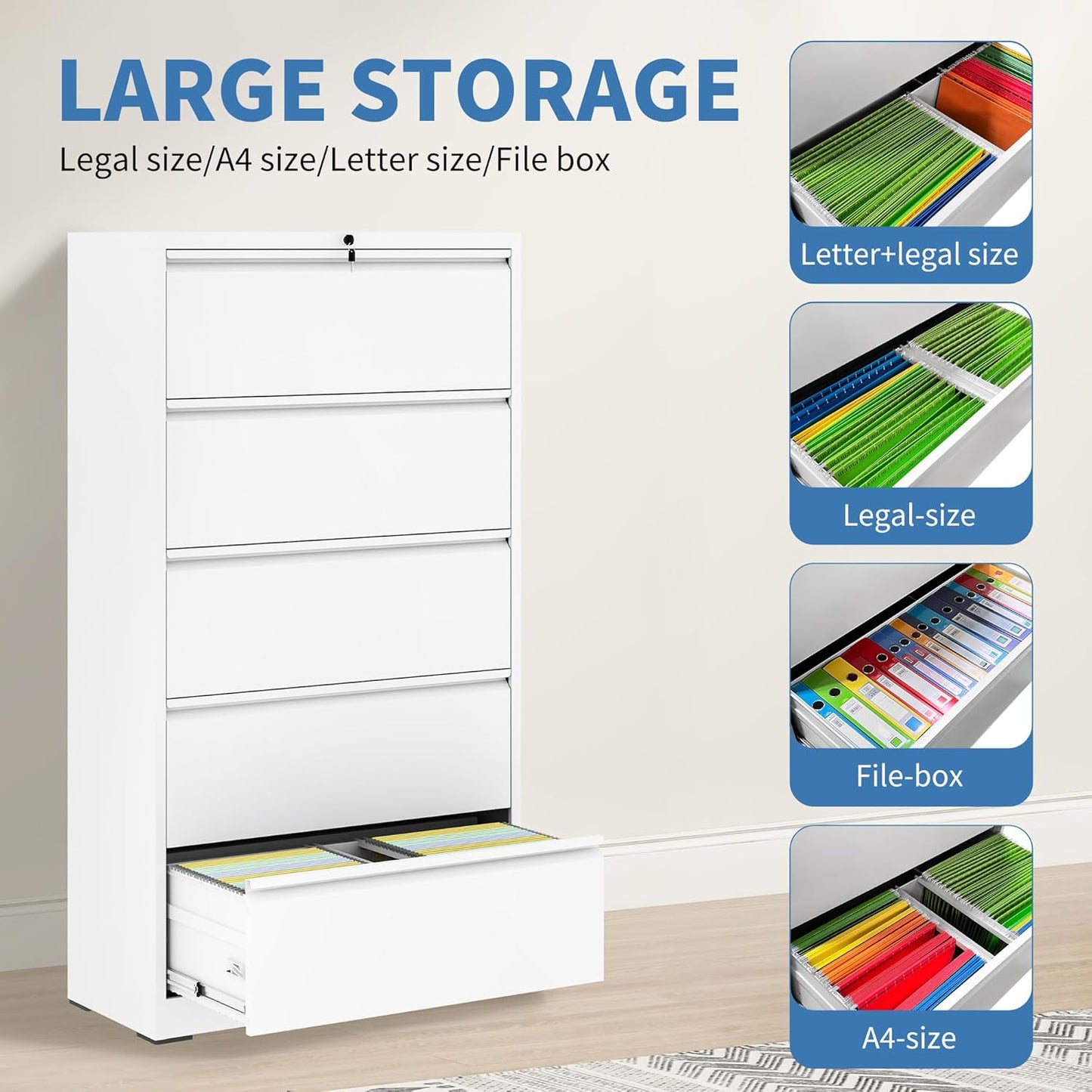 File Cabinets 5 Drawer,Metal Office Storage Filing Cabinet with Lock,White Lateral Filing Cabinet for Home Office,Horizontal Locking File Cabinets for Legal/Letter/A4,Assembly Require,White