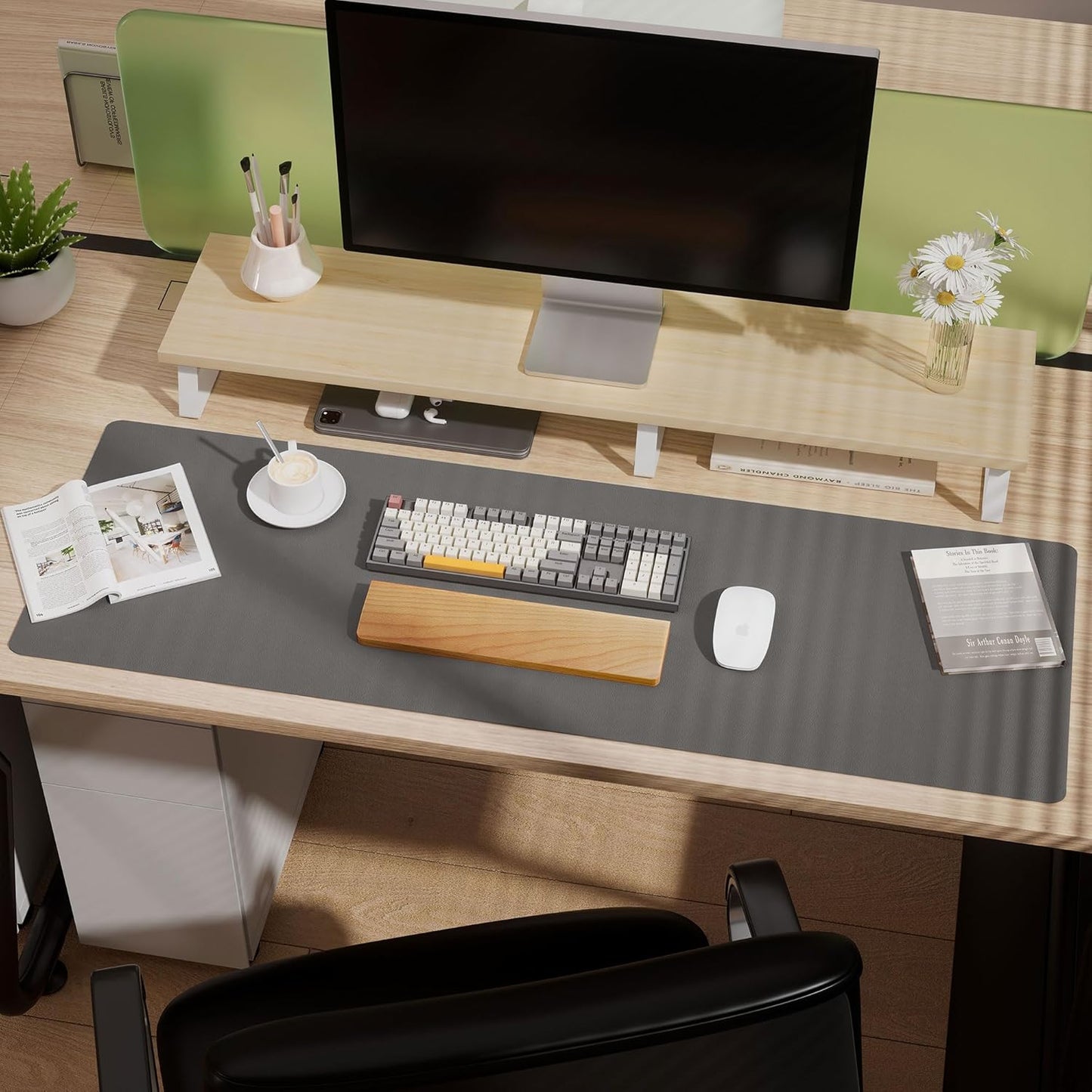 Aothia Leather Desk Pad Protector, Office Mat, Large Mouse Pad, Laptop Desk Pad, Non-Slip PU Leather Blotter, Waterproof Writing Pad for Office and Home (Gray, 47" x 17")