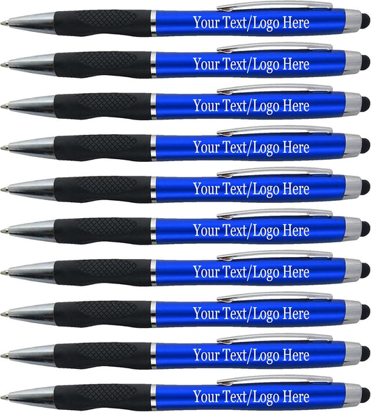 Personalized Pens With your Custom Logo or Text-300 Pack Bulk-for Businesses, Parties, and Events, 2 in 1 Ballpoint Pen + Capacitive Stylus Compatible with Touchscreen Devices, Blue Barrel, Blue Ink