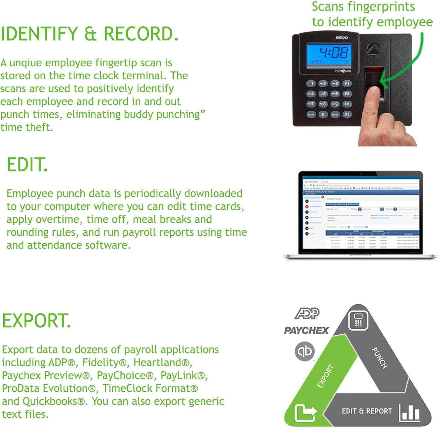 Pyramid Time Systems - Pyramid TimeTrax Elite [TTELITEEK] Automated Biometric Fingerprint Time Clock for small Business, Employee In/Out Time Tracker with Software Download, Windows Compatible - Black