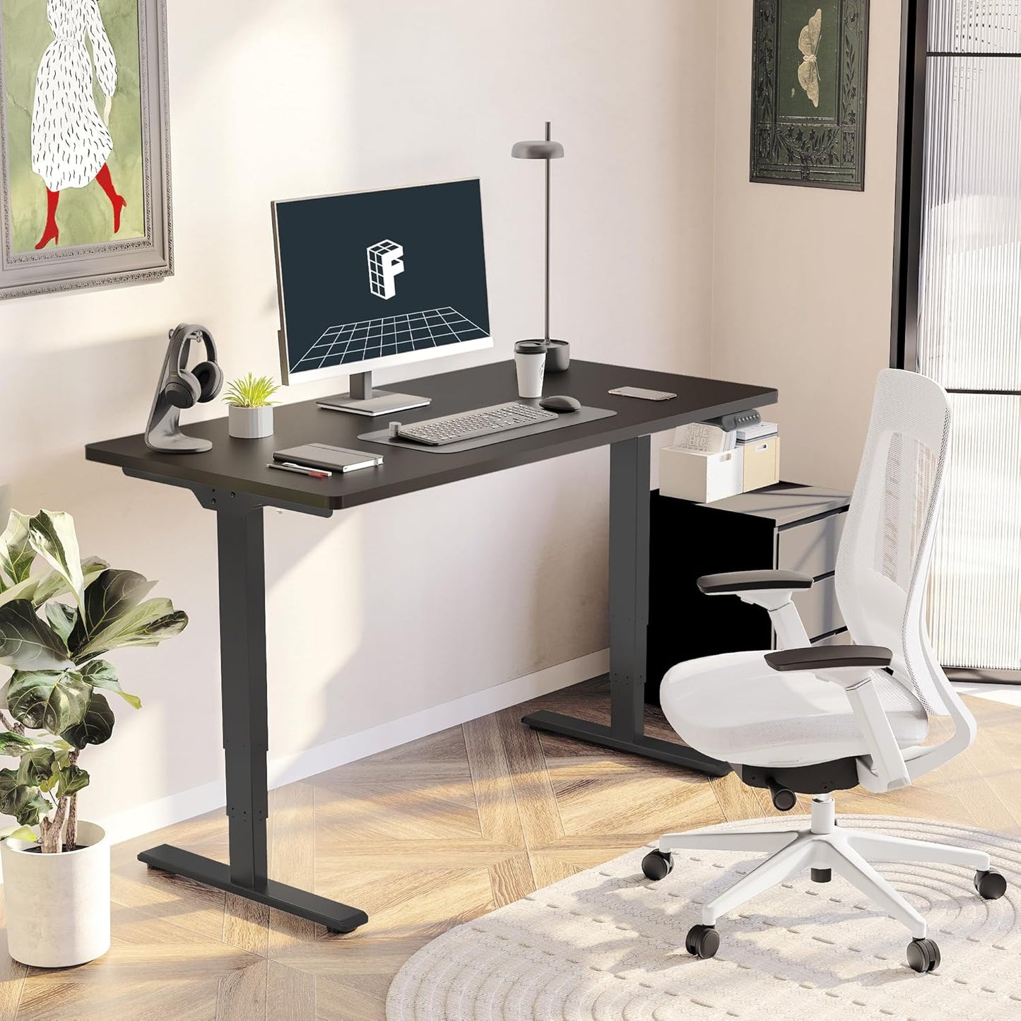 FLEXISPOT E6 Essential 3 Stages Dual Motor Electric Standing Desk 48x30 Inch Whole-Piece Board Height Adjustable Electric Sit Stand Desk(Black Frame + Black Desktop, 2 Packages)
