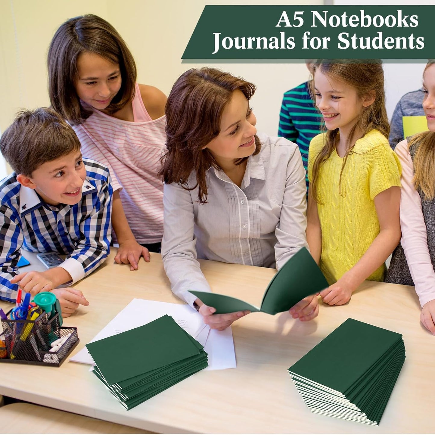 Sepamoon 150 Pack Kraft Notebook Journals 5.82 Inch x 4.13 Inch A6 Softcover Notebooks Bulk for Kids Student Writing Sketch Travel Journal Office Notepad with 48 Pages 24 Sheets, Lined(Green)