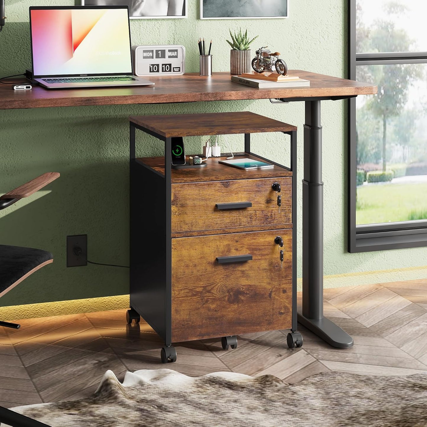 DEVAISE 2 Drawer File Cabinet with Lock and Charging Station, Wood Filing Cabinet fits A4 or Letter Size, Mobile Printer Stand with Open Storage Shelf for Home Office, Rustic Brown