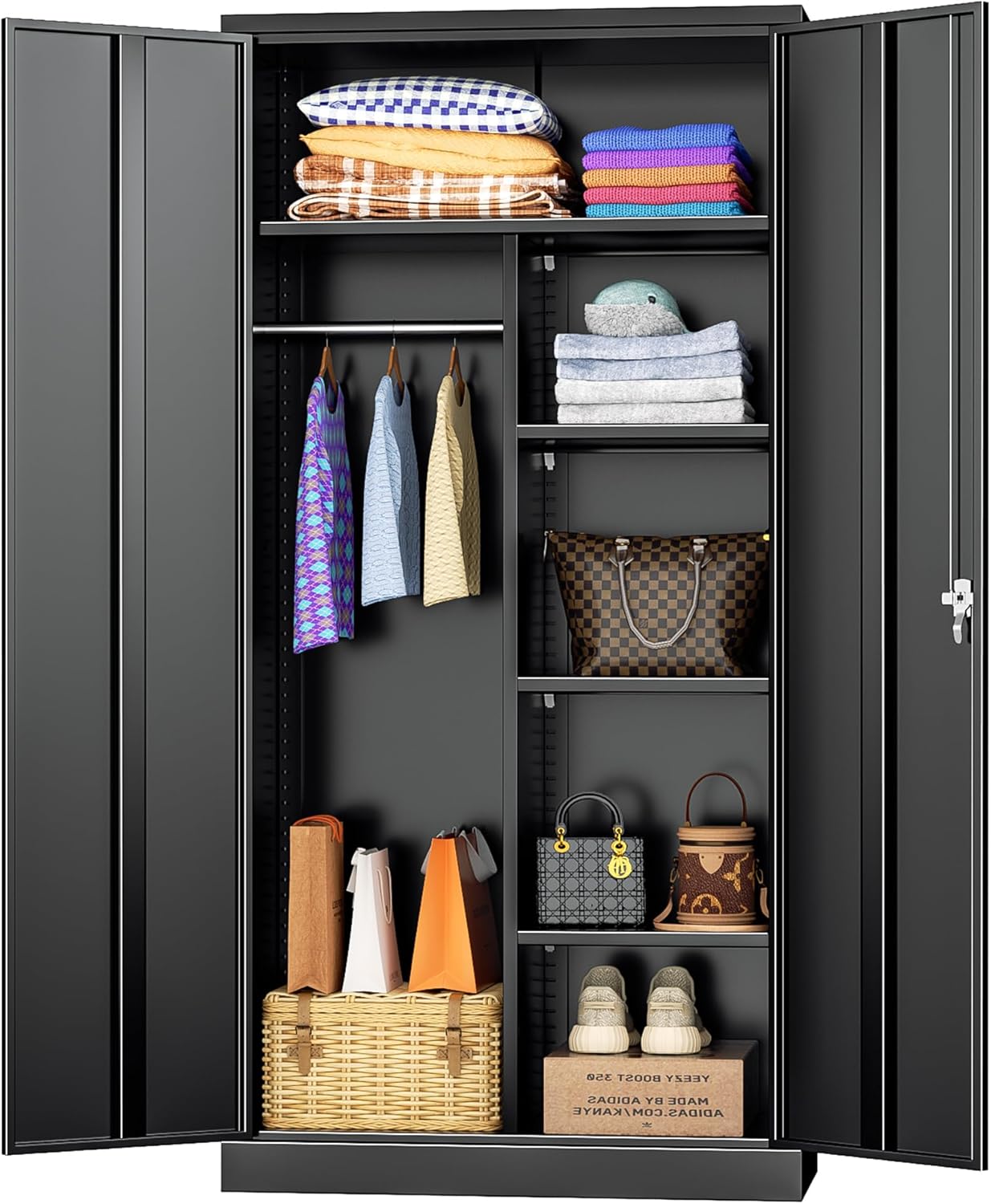 INTERGREAT Metal Storage Cabinet with Lock,Storage Wardrobe Cabinets with 4 Adjustable Shelves and Hanging Rod,Black Wardrobe Cabinet with Lockable Doors for Home Office,Warehouse,Garage