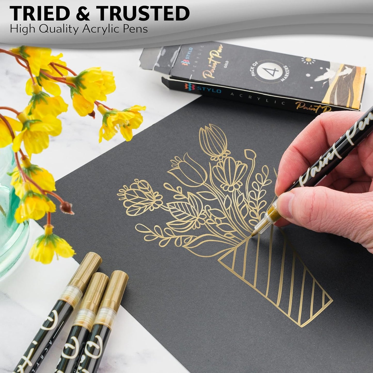 Stylo 8 Count Acrylic Metallic Pens - Gold Paint Pens - Fine Tip Permanent Acrylic Metallic Paint Markers for Rock Painting, Glass, Wood, Ideal for Arts and Crafts (Pack of 8, Gold)