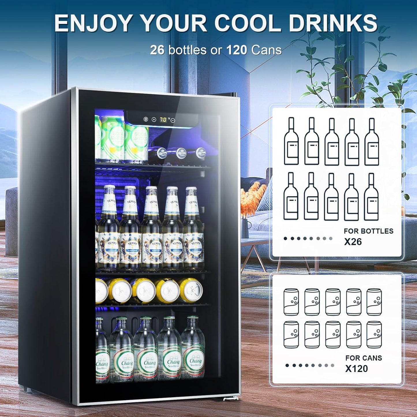 Antarctic Star Beverage Refrigerator -120 Can Mini Fridge for Soda Beer or Wine,Small Drink Dispenser, For Office or Bar with Adjustable Removable Shelves，Convertible Door ，3.1 Cu.Ft