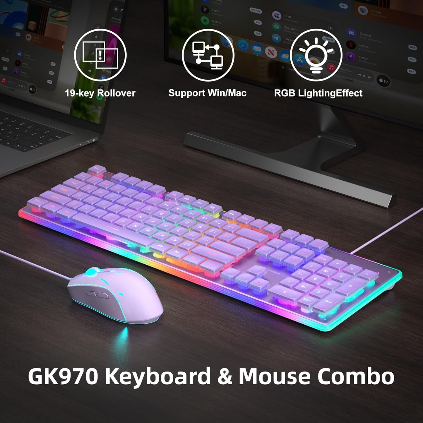 Camiysn Creamy Gaming Keyboard and Mouse, Purple 104 Keys RGB and 6 Speed RGB Mouse Combo, Pudding Keycaps Silent Computer Keyboard for Computer/PC/Laptop/Mac/Windows/Office