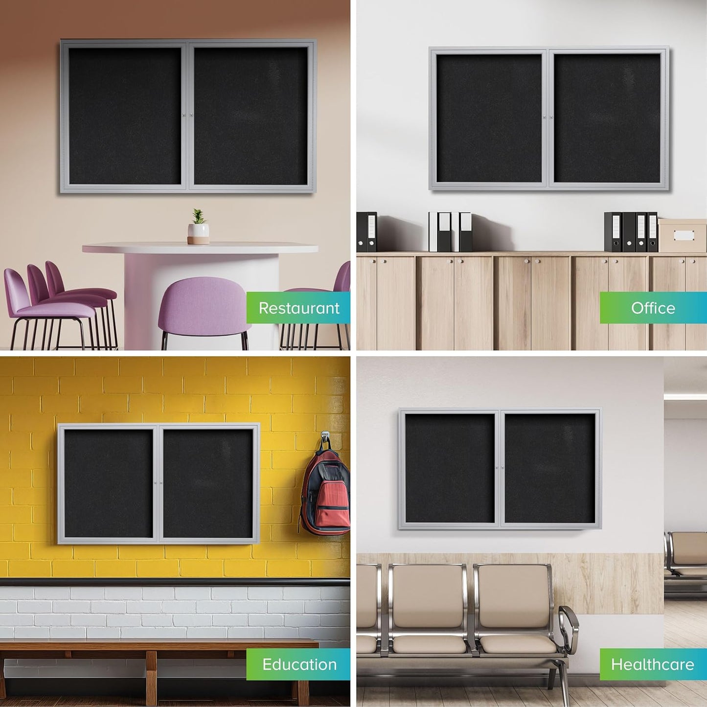 Ghent 36" x 48" 2-Door indoor Enclosed Recycled Rubber Bulletin Board, Shatter Resistant, with Lock, Satin Aluminum Frame,Black (PA234TR-BK) ,Made in the USA