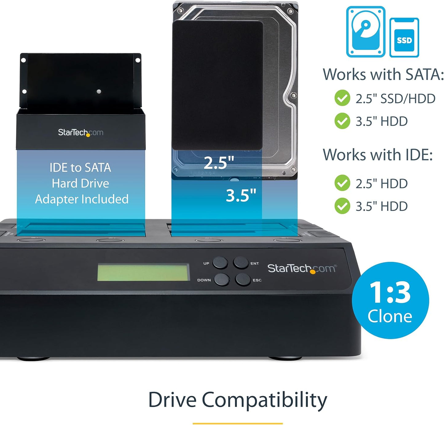 StarTech.com 4-Bay Hard Drive Duplicator and Eraser, External Standalone 1:3 HDD/SSD Cloner/Copier, USB 3.0 / eSATA to SATA Docking Station, Hard Disk Copier / Sanitizer / Wiper Tool (SATDOCK4U3RE)