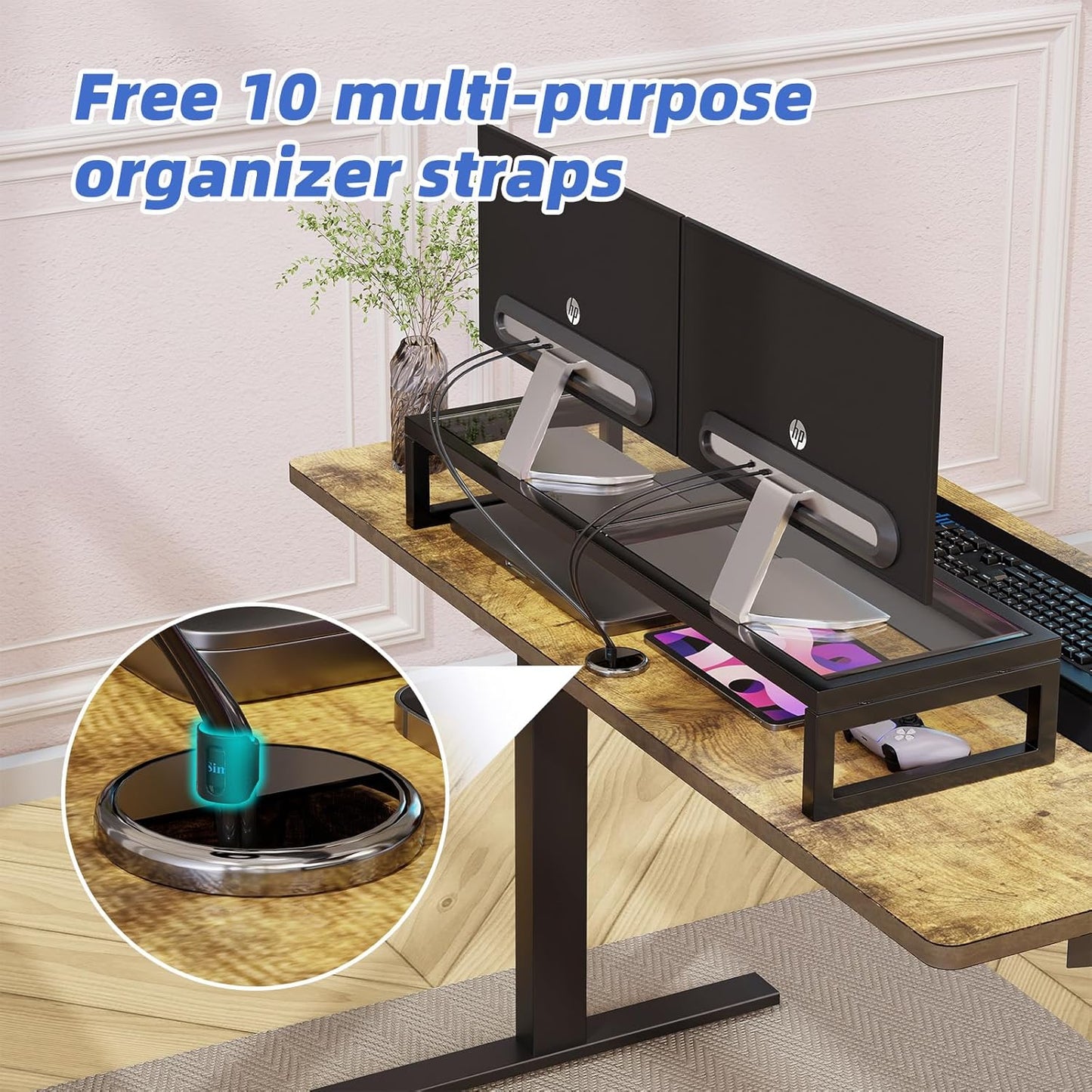 Simple Trending Dual Monitor Stand Riser, Tempered Glass Computer Desk Organizer with Mouse Pad for Laptop, iMac, TV, Black