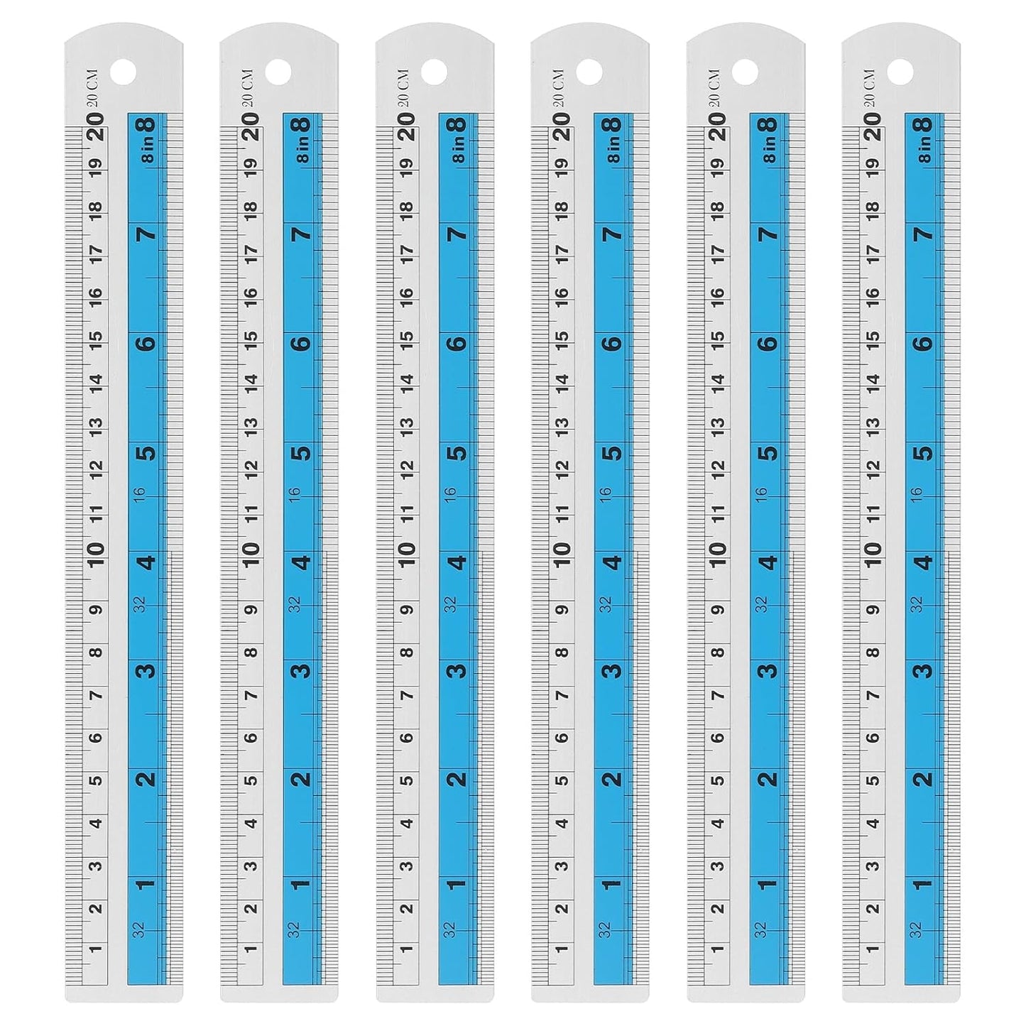 HARFINGTON 6pcs Metal Straight Ruler 20cm Metric SAE Aluminum Alloy Measuring Rulers Scale Tools with Hole for Measure Study Reading Classroom Office, Blue