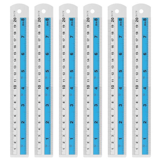 HARFINGTON 6pcs Metal Straight Ruler 20cm Metric SAE Aluminum Alloy Measuring Rulers Scale Tools with Hole for Measure Study Reading Classroom Office, Blue