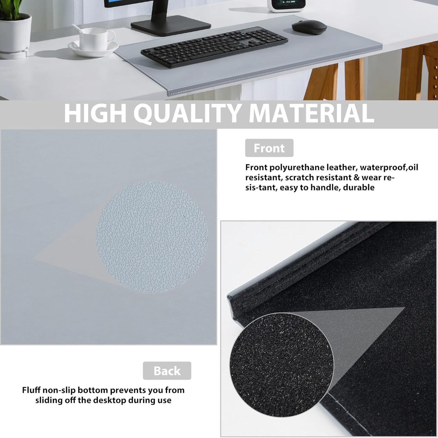 AKOZLIN 27.55”x 15.8" Soft PU Leather Surface Office Desk Mouse Mat Anti-Push Pad with Full Grip Fixation Lip Table Blotter Edge-Locked Protector Grey