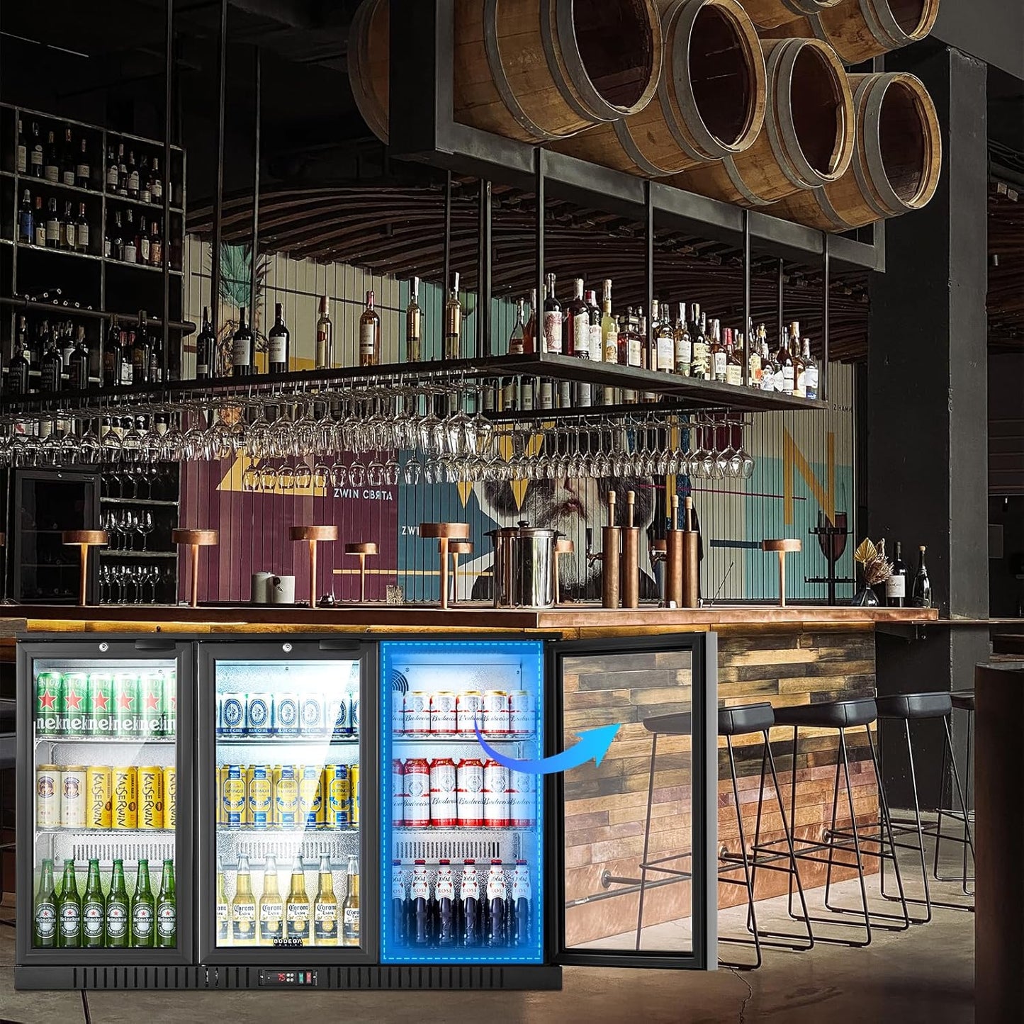 BODEGACOOLER Back Bar Cooler With 3 Glass Doors,Counter Height Commercial Beverage Refrigerator,11.4 Cu.Ft Display Bar Beverage Fridge with LED Lighting,21 inch Cooler for Beer,Soda Drinks,Wine