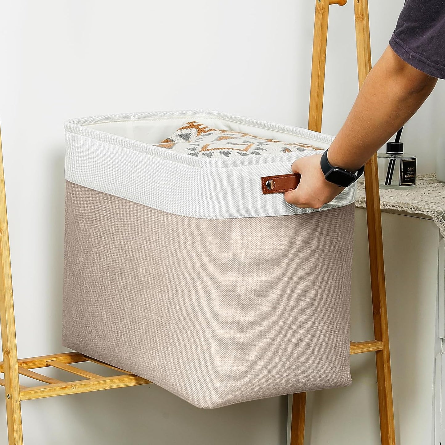 DULLEMELO Large Storage Baskets for Organizing, Canvas Storage Bins Big Baskets With Handles for Shelf Clothes Empty Gift Basket (White&Khaki)