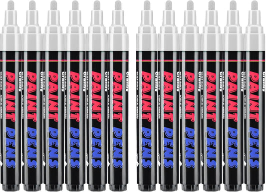 White Paint Pens Paint Markers - 12 Pack Permanent Quick Dry Waterproof Marker Pens for Rocks Wood Fabric Plastic Canvas Glass Mugs Metal Tire Stone
