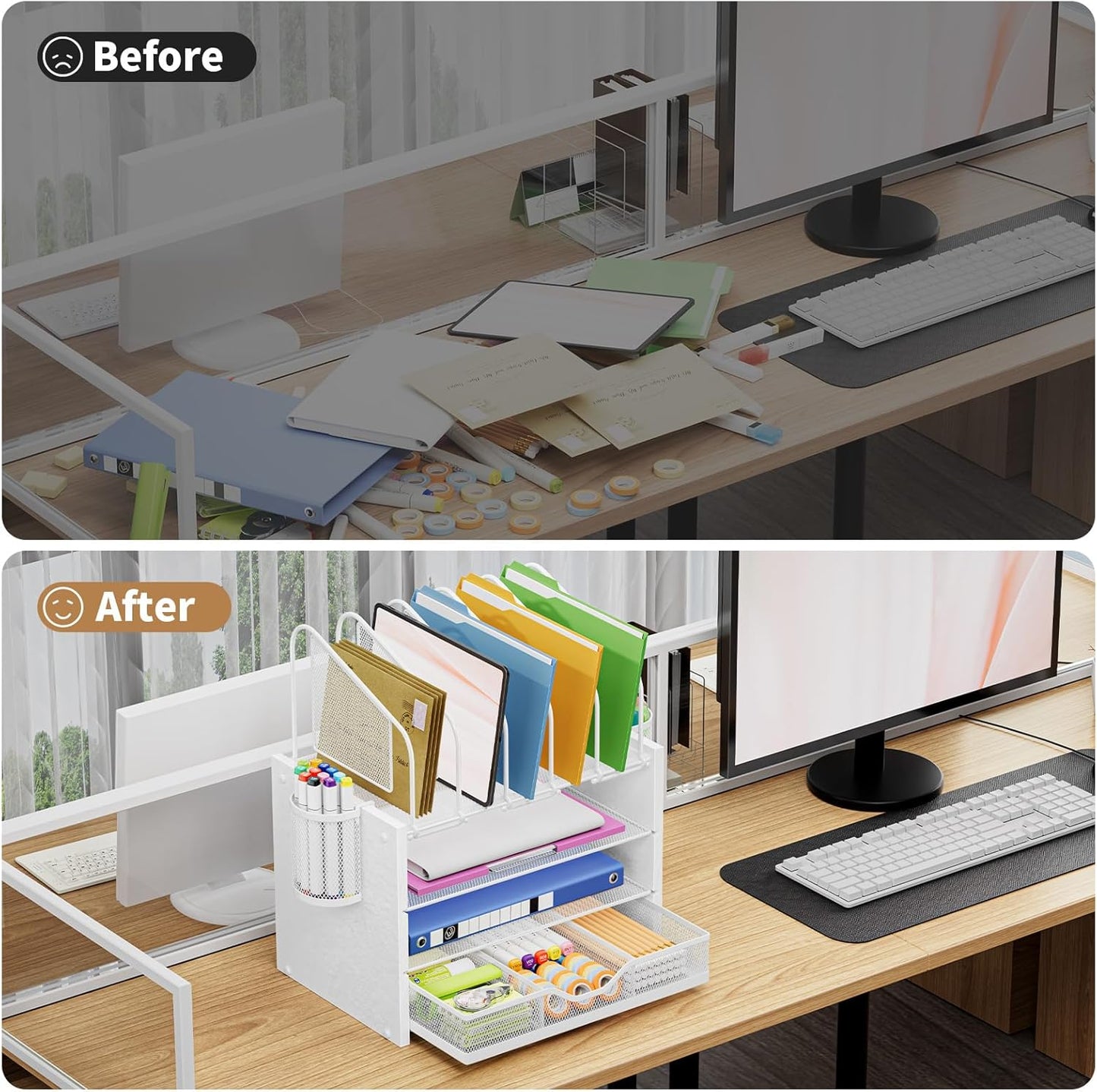 Marbrasse Desk organizer with Drawer, 4-Tier Wooden File Organizer with 5 Vertical File Holders and 2 Pen Holders, Desk Organizers and Accessories for Home Office - White