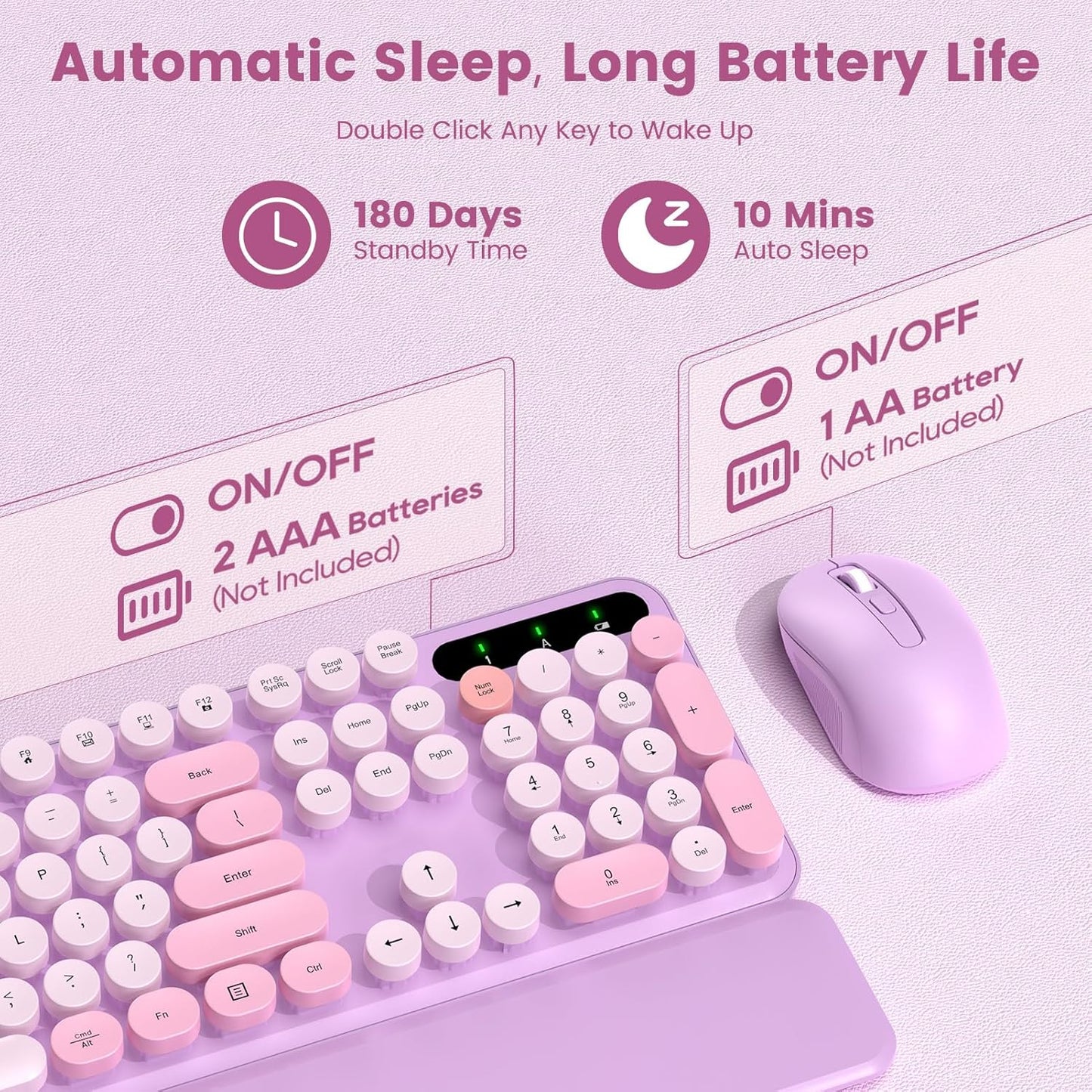 Wireless Keyboard and Mouse Combo-Round Keycaps, Full-Size Retro Typewriter Keyboard with Detachable Wrist Rest, Sleep Mode & Tilt Legs, 2.4GHz Cordless Connection for Mac/Windows/PC (Lavender Purple)