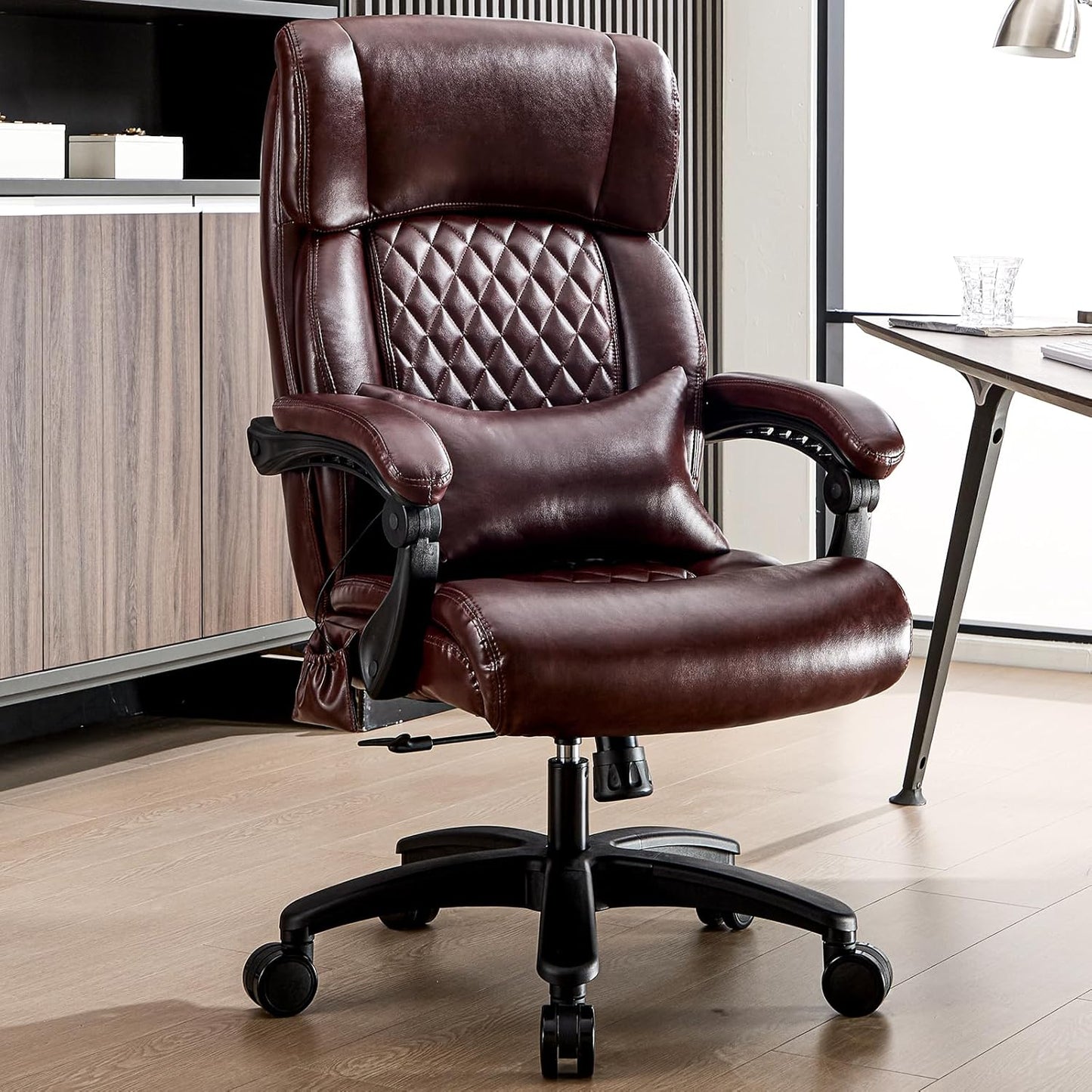 Lumbar Massage Office Chair, 500LBS Big and Tall Office Chair, Heavy Duty Ergonomic Executive Reclining Chair with High Back and Lumbar Support, Brown