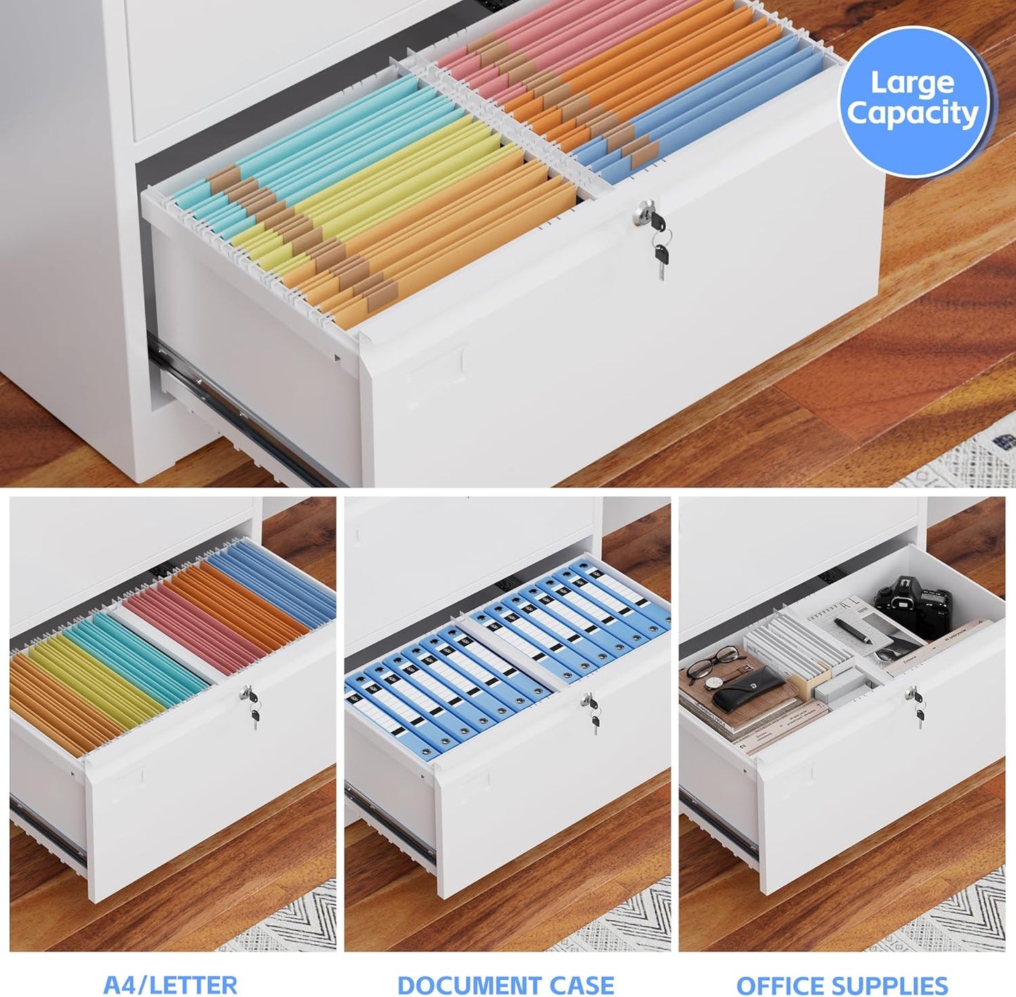 Metal 3 Drawer Lateral File Cabinet with 3 Lock - Wide Filing Cabinet for Letter/Legal/F4/A4 Hanging Files - Includes Business Card Holder,Home Office School Storage,White