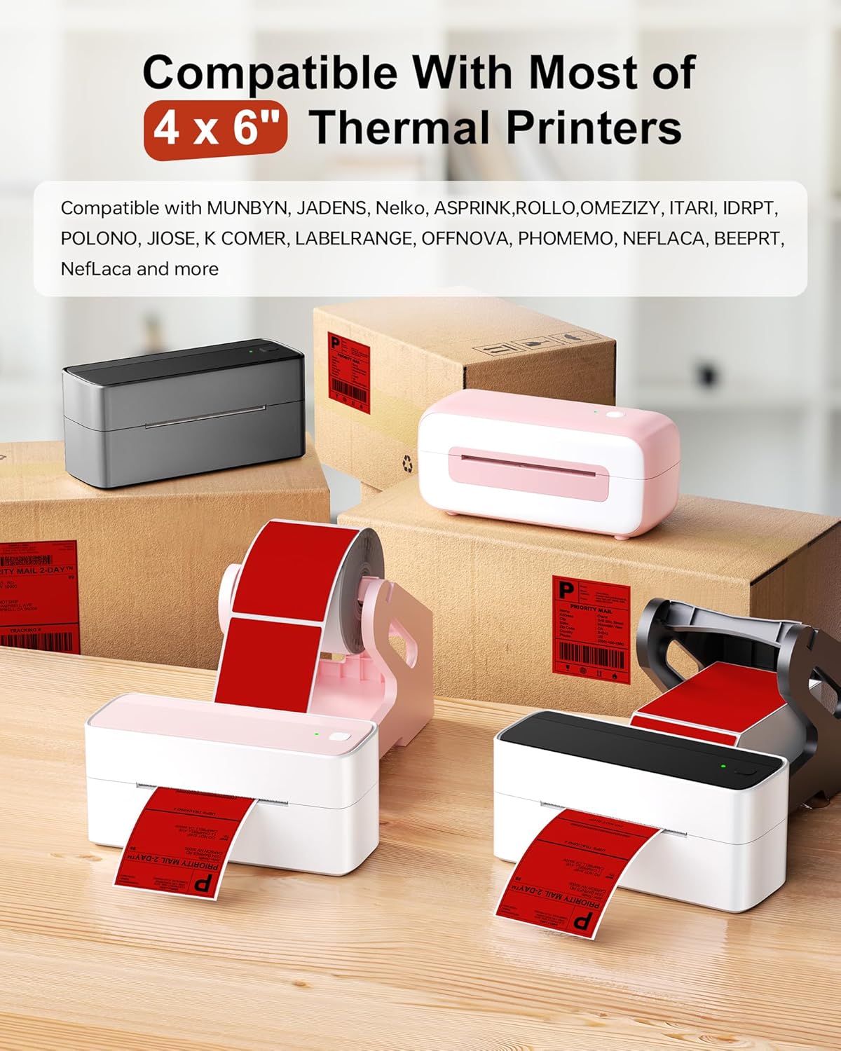 Phomemo 4x6 Thermal Label Printer Paper - 500 PCS Red 4"x6" Fan-Fold Shipping Supplies Labels - Water/Oilproof Label Stickers - Permanent Adhesive 4x6 Mailing Labels Paper for Thermal Printer